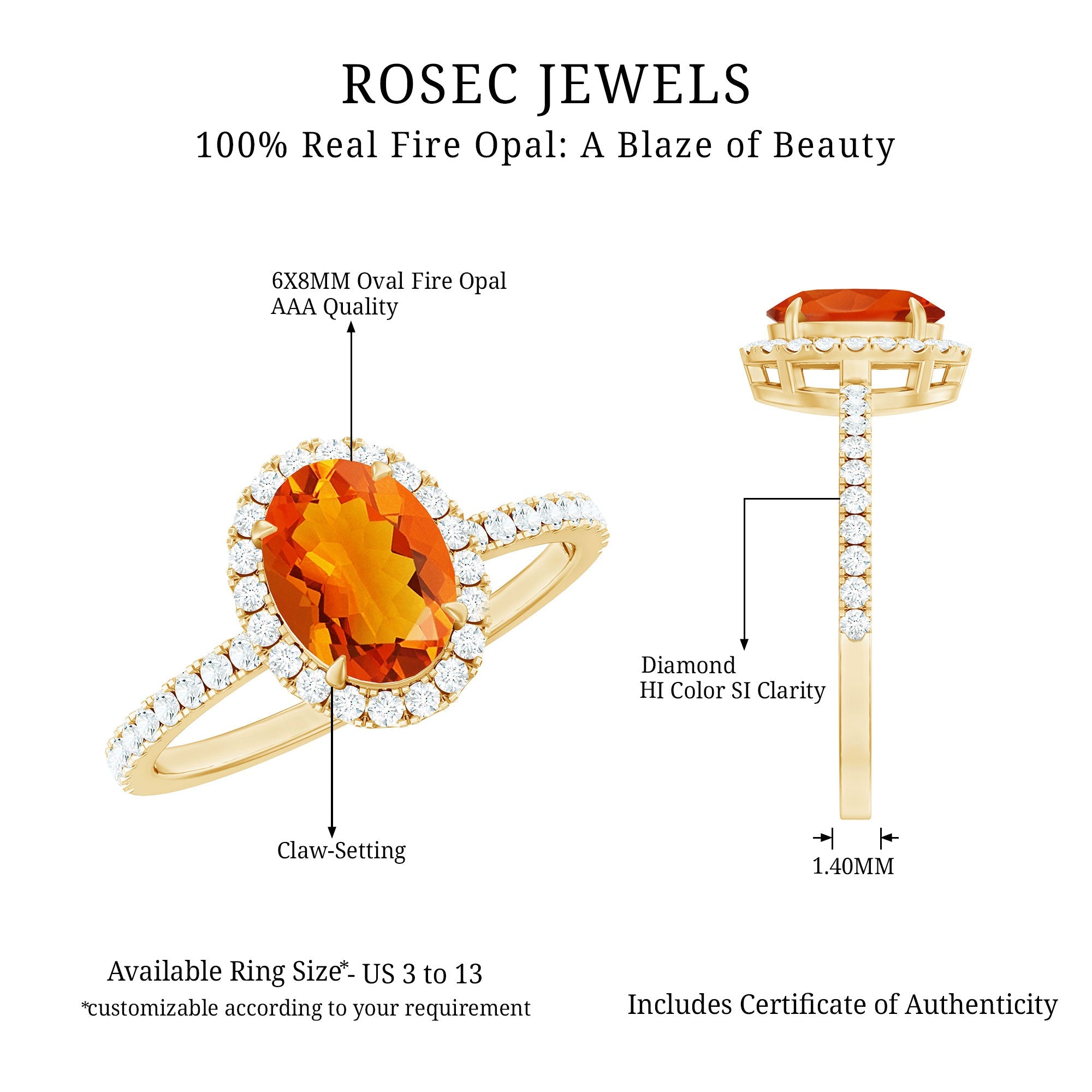 Oval 6X8MM Fire Opal Engagement Ring with Diamond Halo