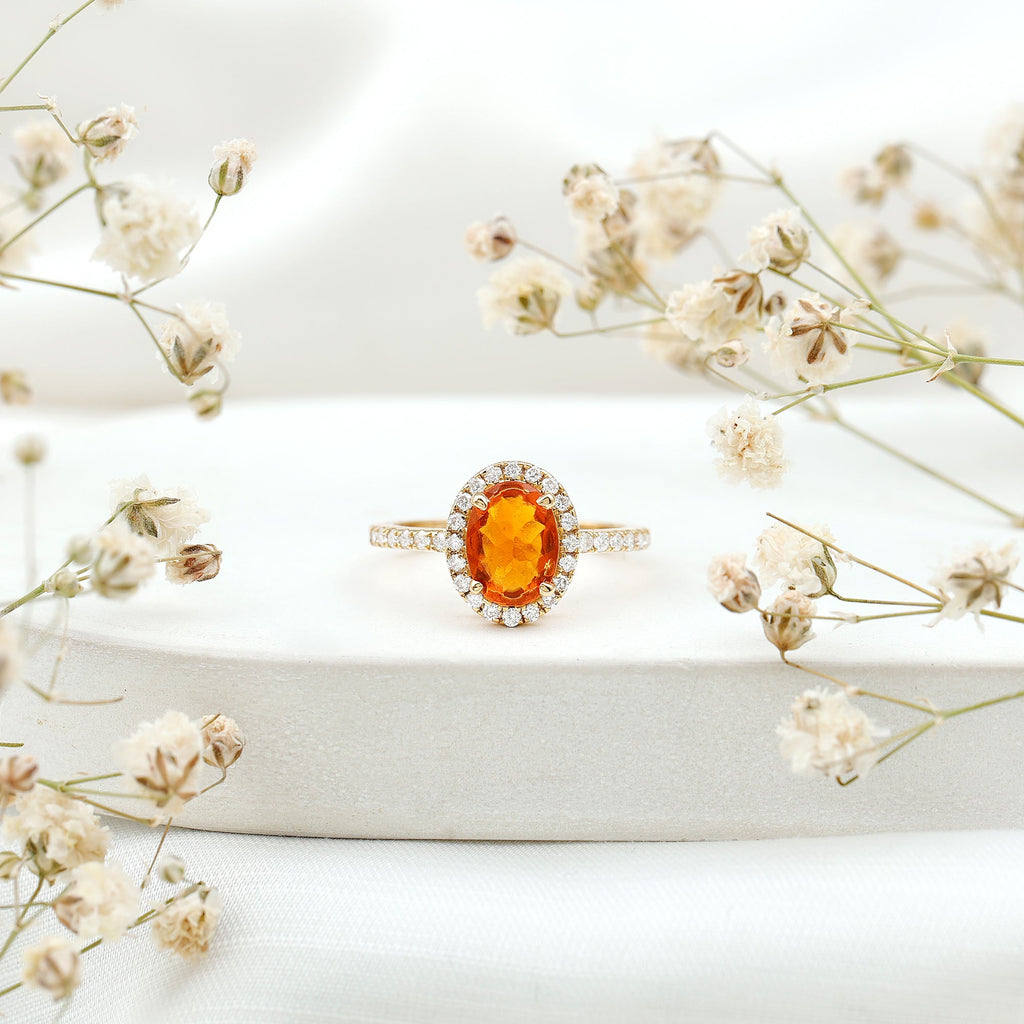 Oval 6X8MM Fire Opal Engagement Ring with Diamond Halo