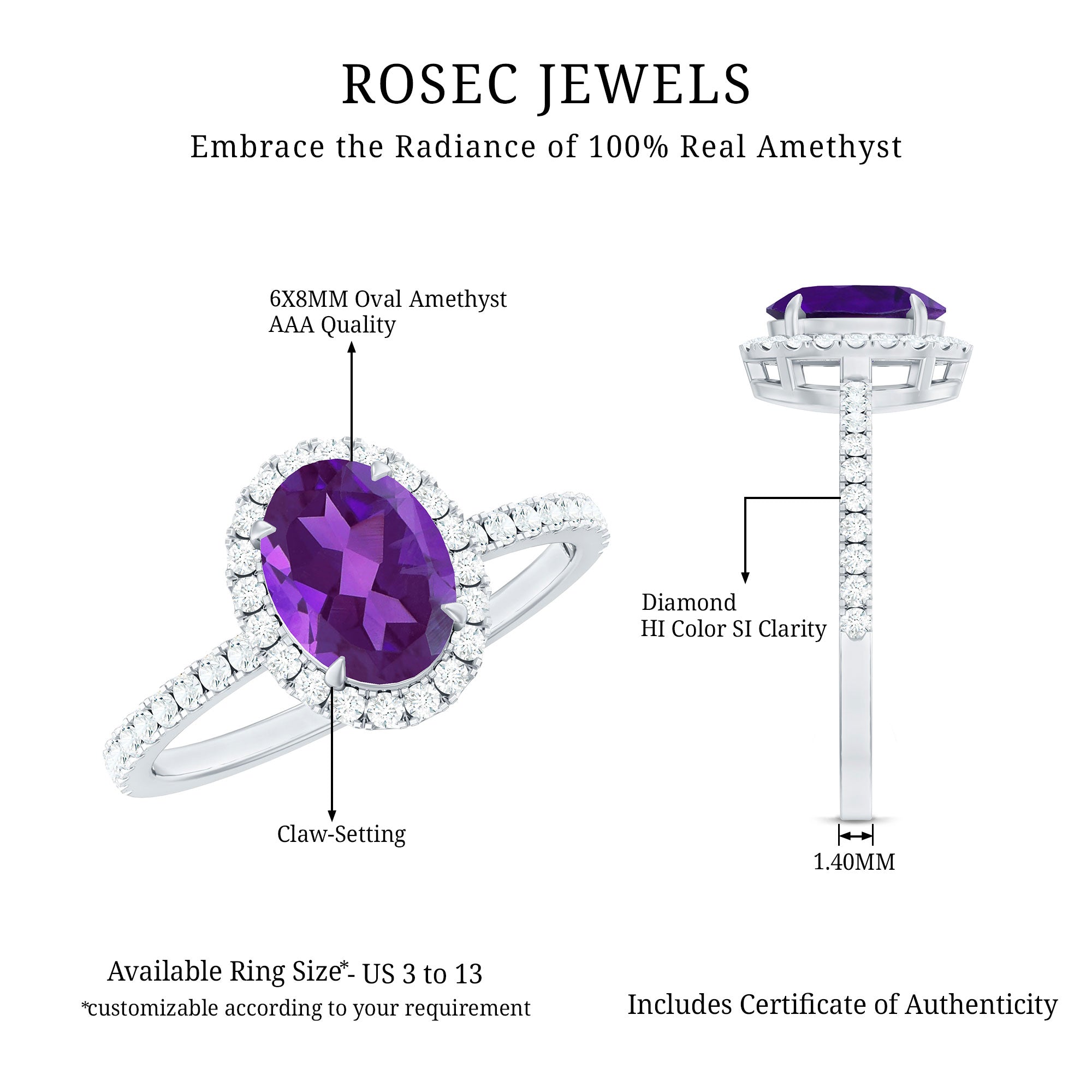 Oval Amethyst Halo Engagement Ring with Diamond