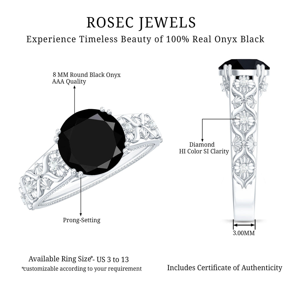 8mm Round Black Onyx Solitaire Antique Looking Engagement Ring with Diamond