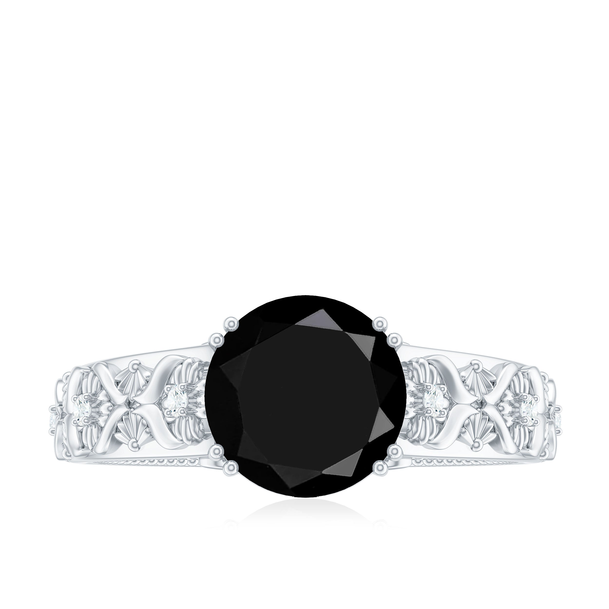 8mm Round Black Onyx Solitaire Antique Looking Engagement Ring with Diamond
