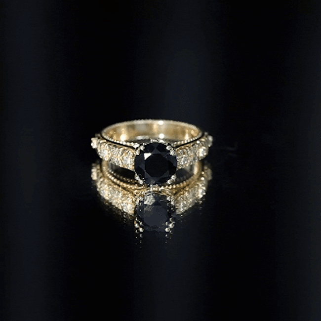 Vintage Inspired Created Black Diamond and Diamond Floral Solitaire Ring