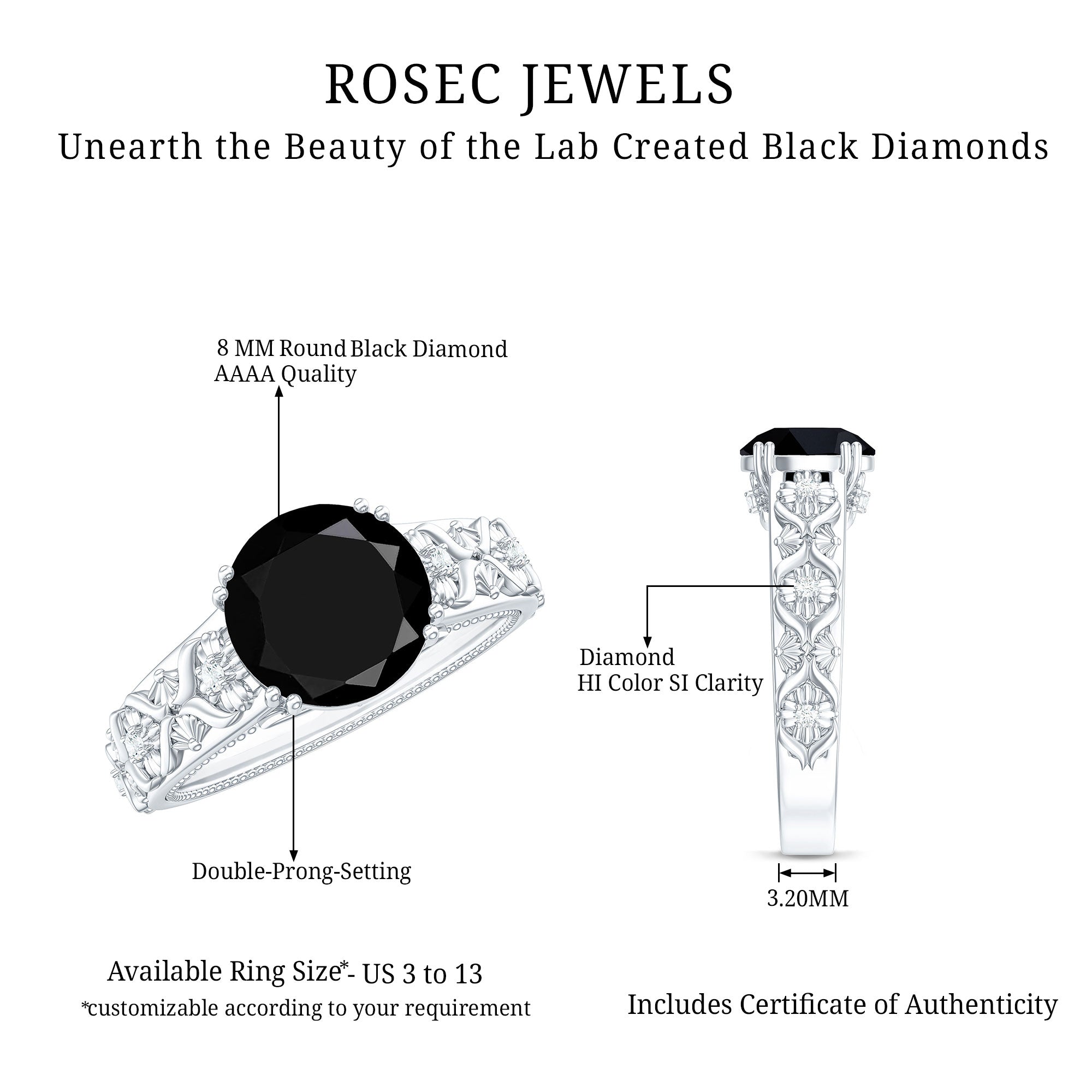 Vintage Inspired Created Black Diamond and Diamond Floral Solitaire Ring