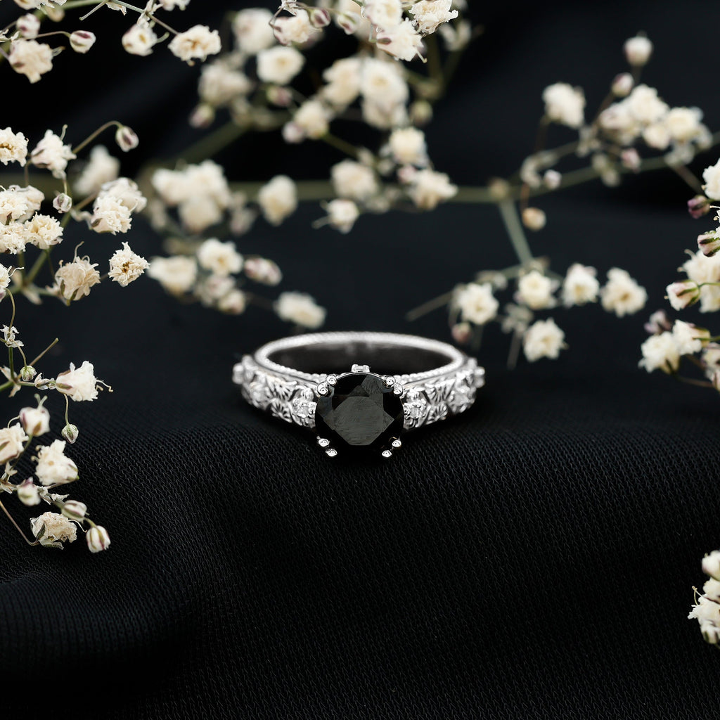 Vintage Inspired Created Black Diamond and Diamond Floral Solitaire Ring