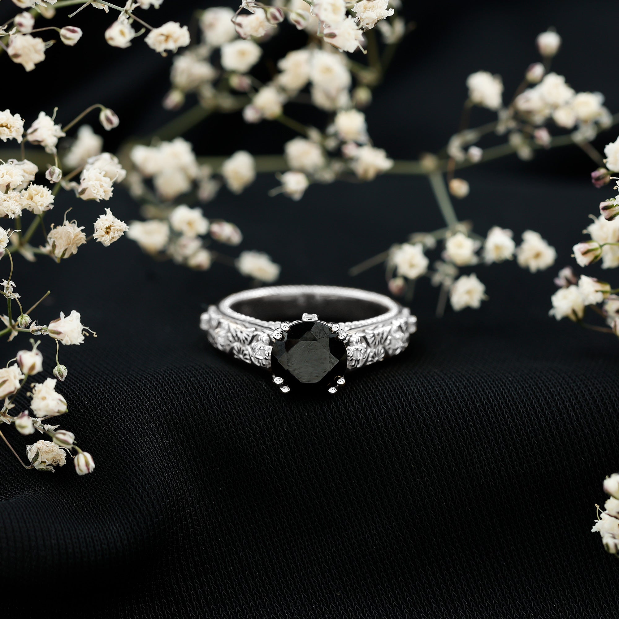 Vintage Inspired Created Black Diamond and Diamond Floral Solitaire Ring