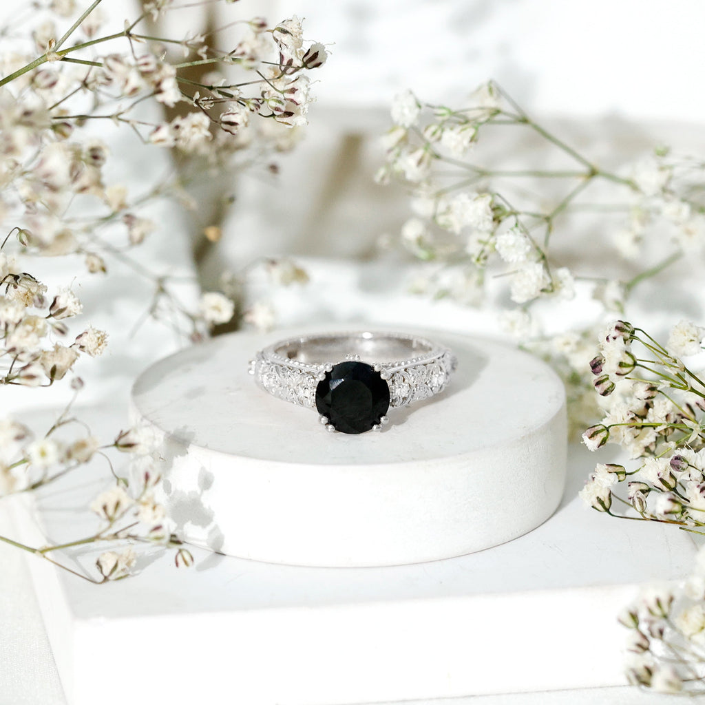 Vintage Inspired Created Black Diamond and Diamond Floral Solitaire Ring