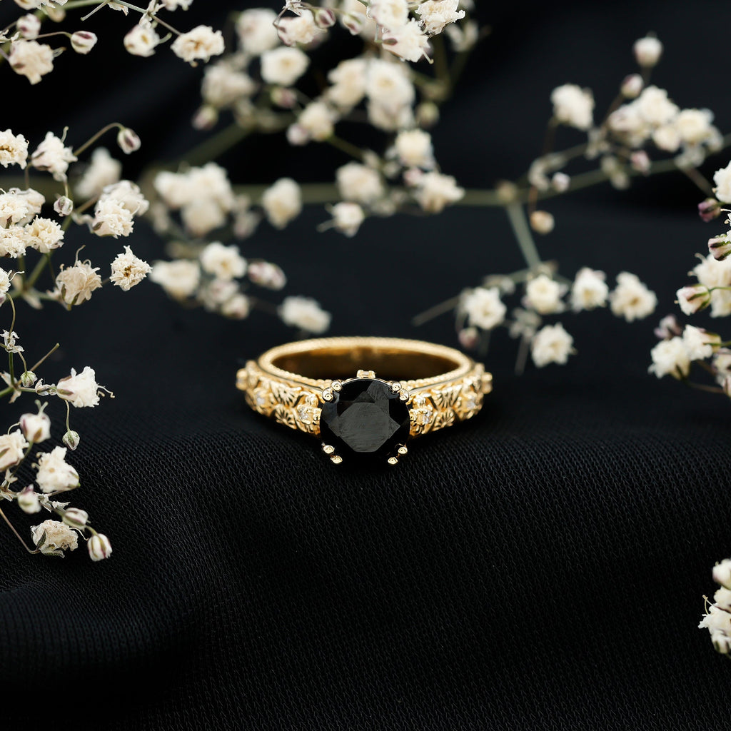 Vintage Inspired Created Black Diamond and Diamond Floral Solitaire Ring