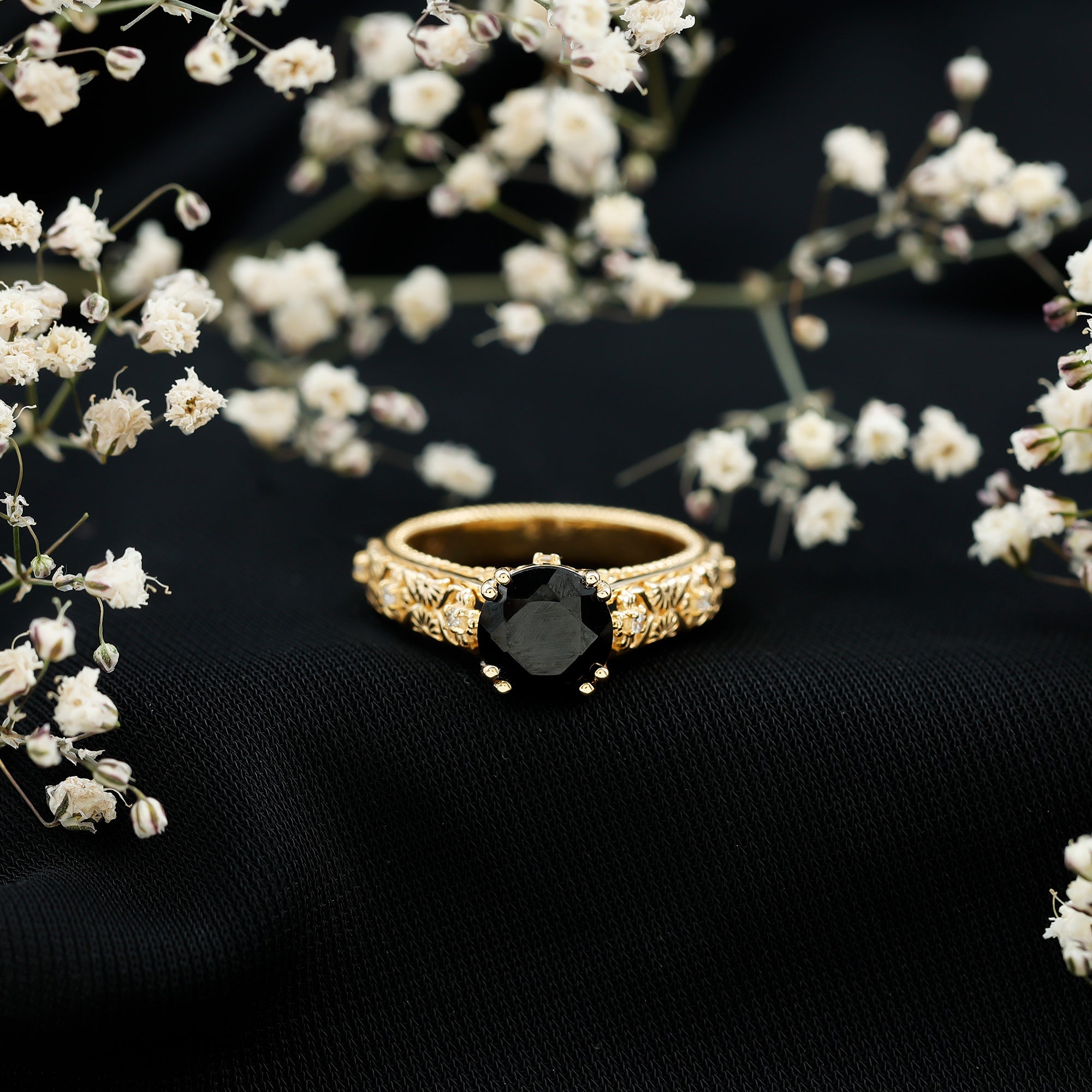 Vintage Inspired Created Black Diamond and Diamond Floral Solitaire Ring
