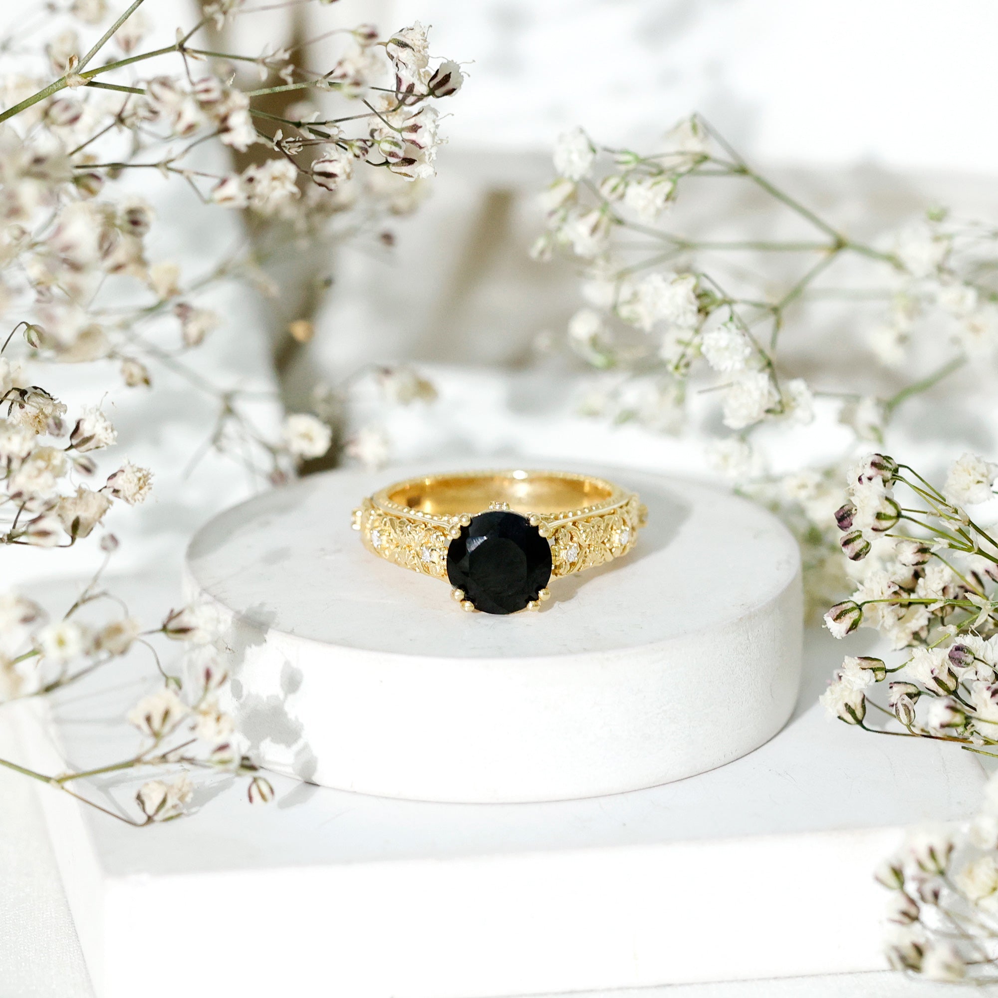 Vintage Inspired Created Black Diamond and Diamond Floral Solitaire Ring