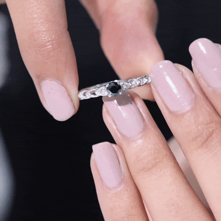 Round Created Black Diamond and Diamond Designer Promise Ring in Gold
