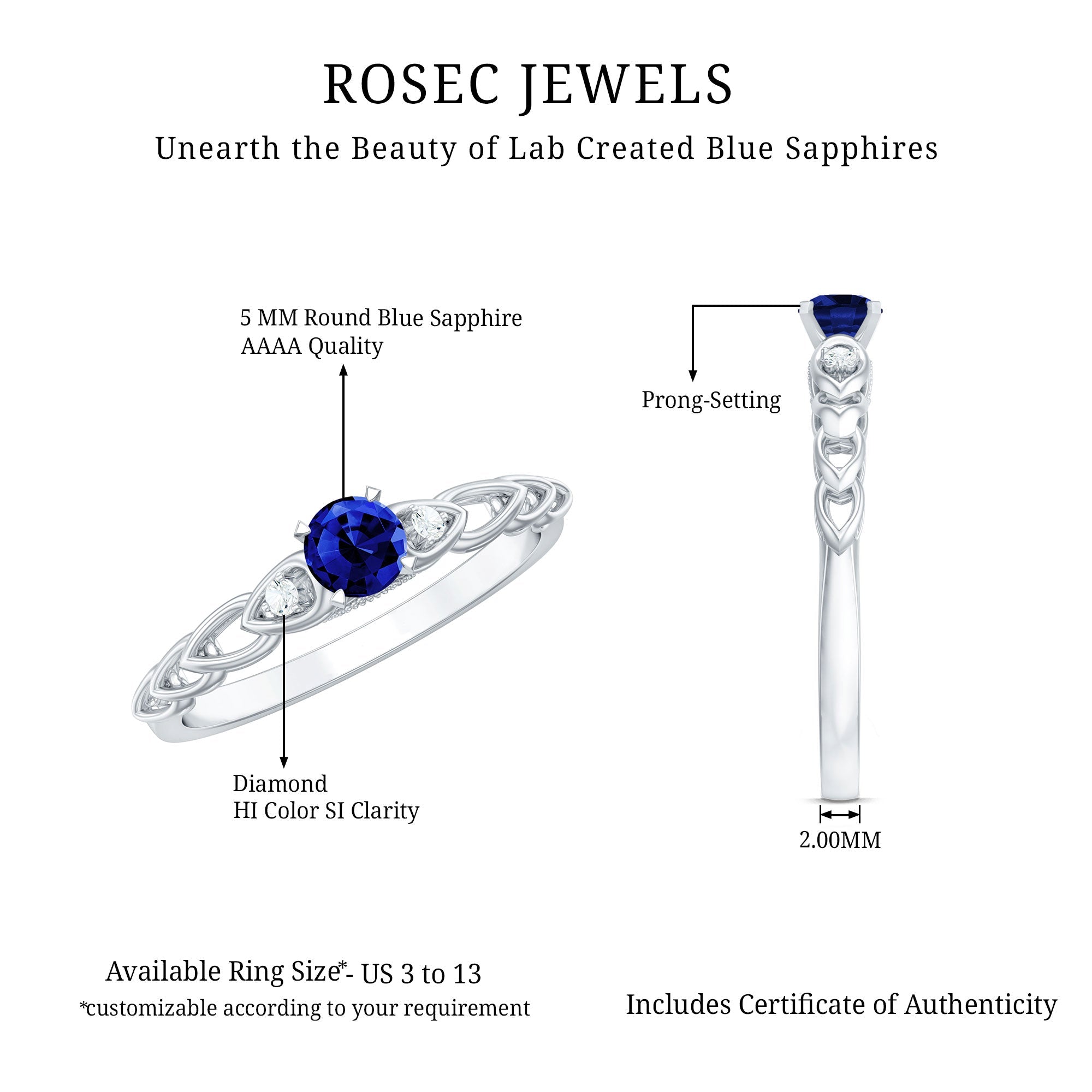 Certified 0.6 Carat Lab Grown Blue Sapphire Diamond Promise Ring
