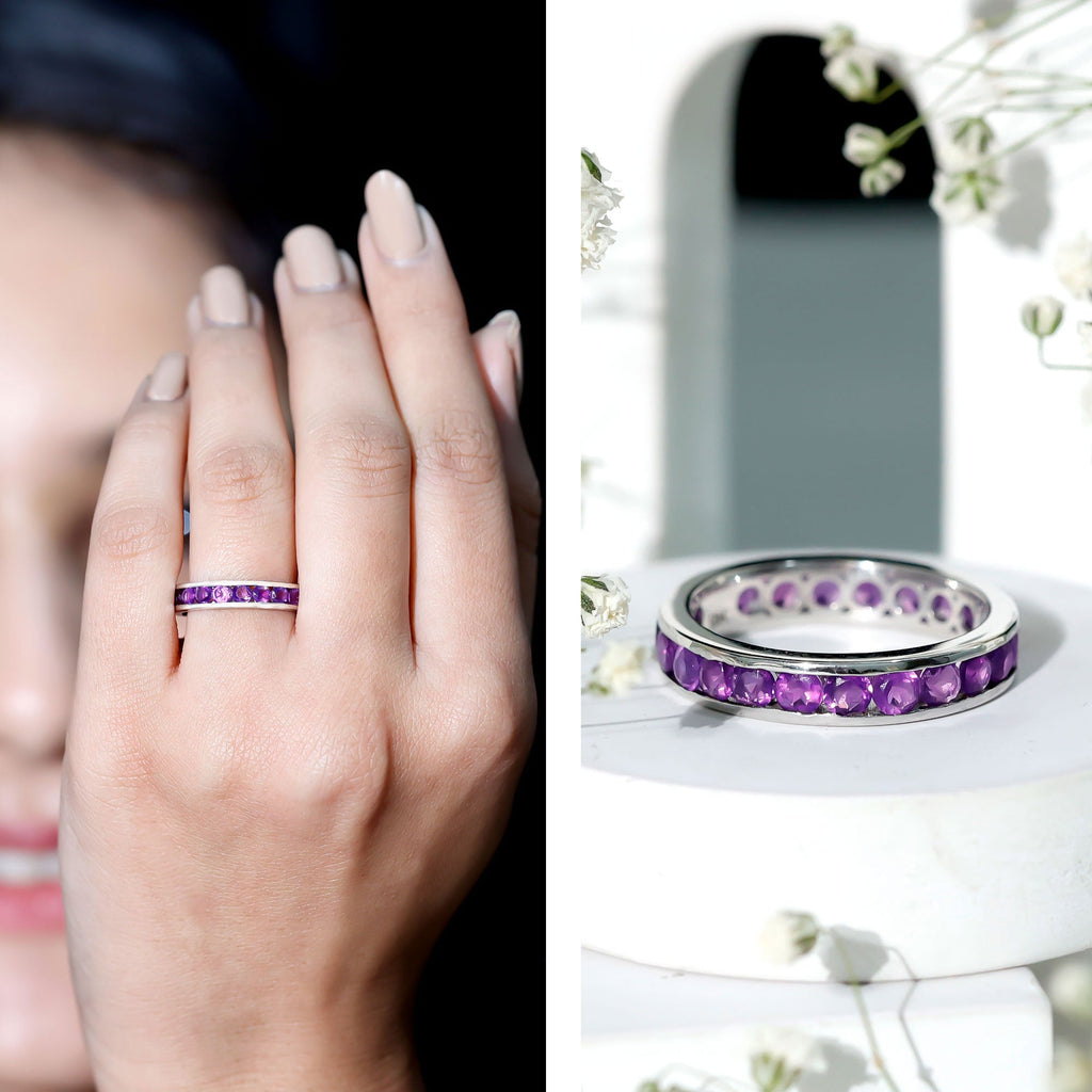 Round Shape Amethyst Eternity Ring in Channel Setting