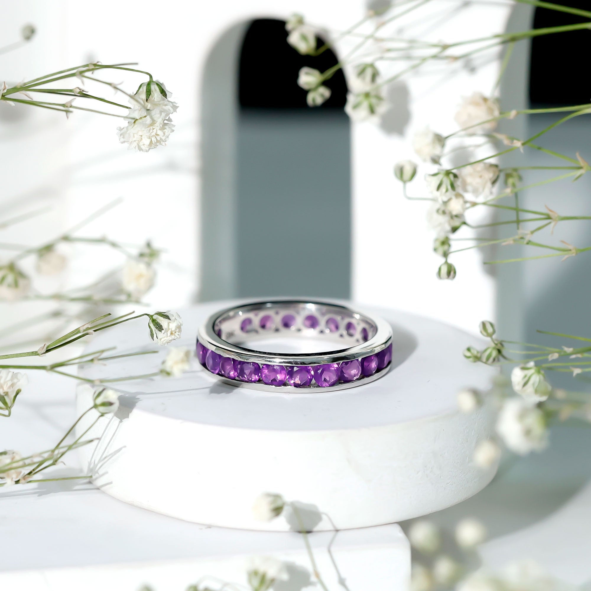 Round Shape Amethyst Eternity Ring in Channel Setting