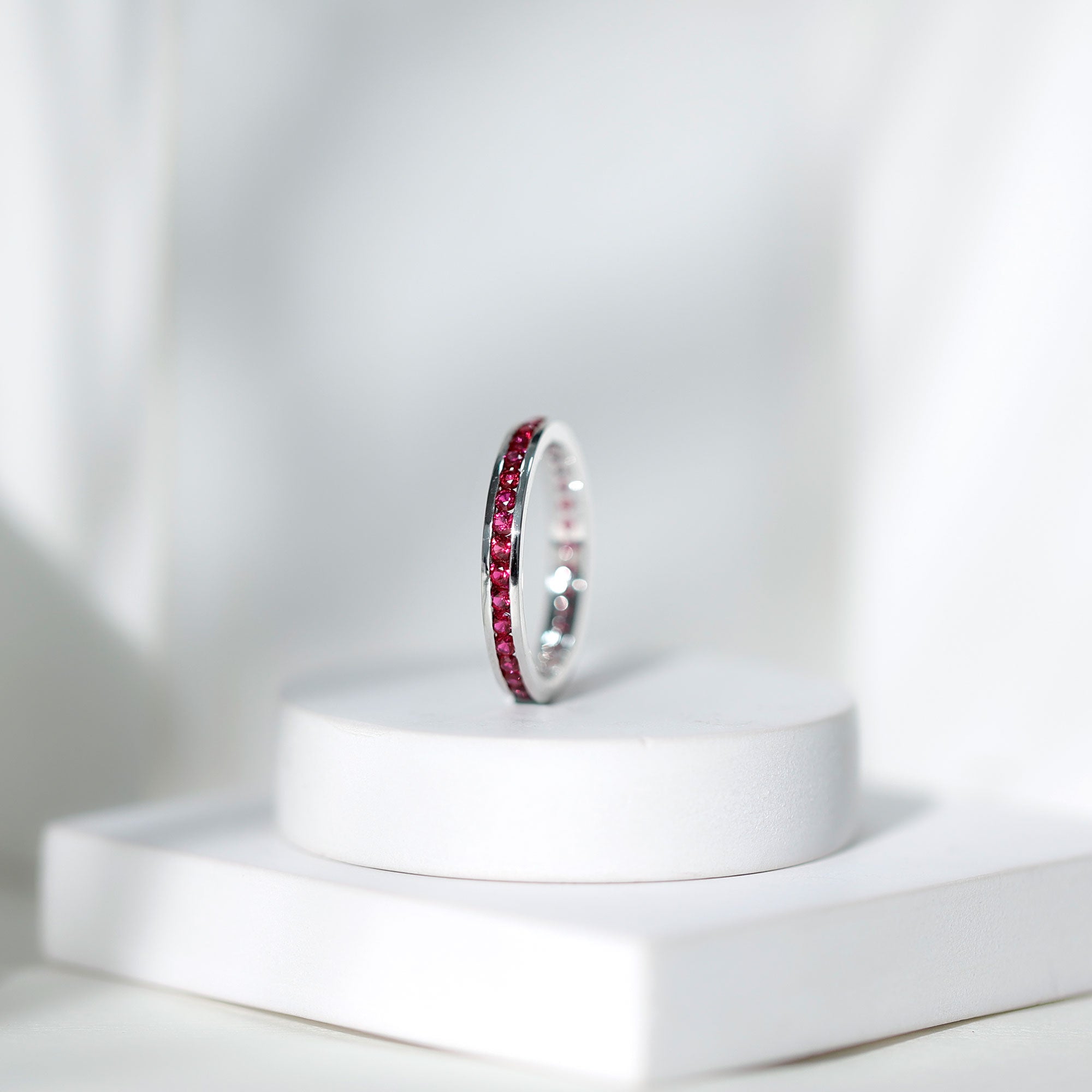 Channel Set Round Created Ruby Eternity Band Ring