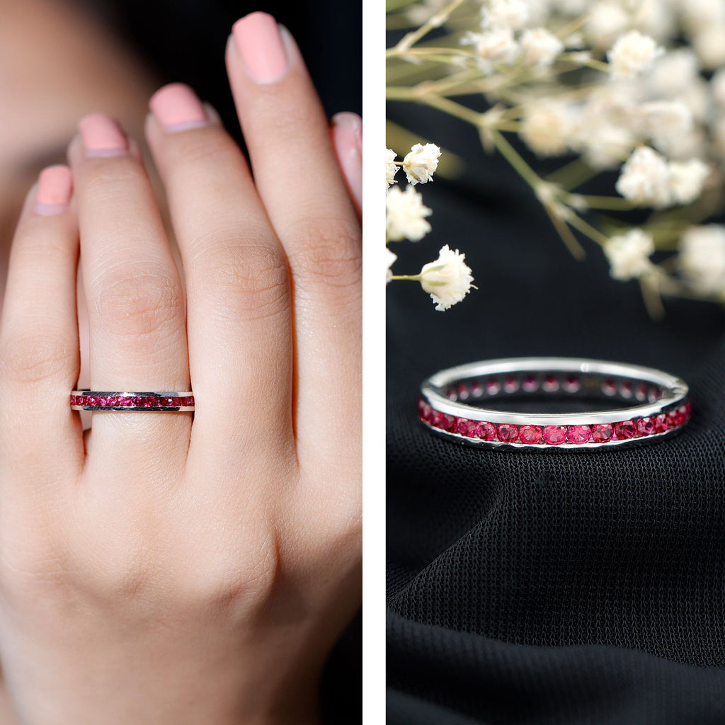 Channel Set Round Created Ruby Eternity Band Ring
