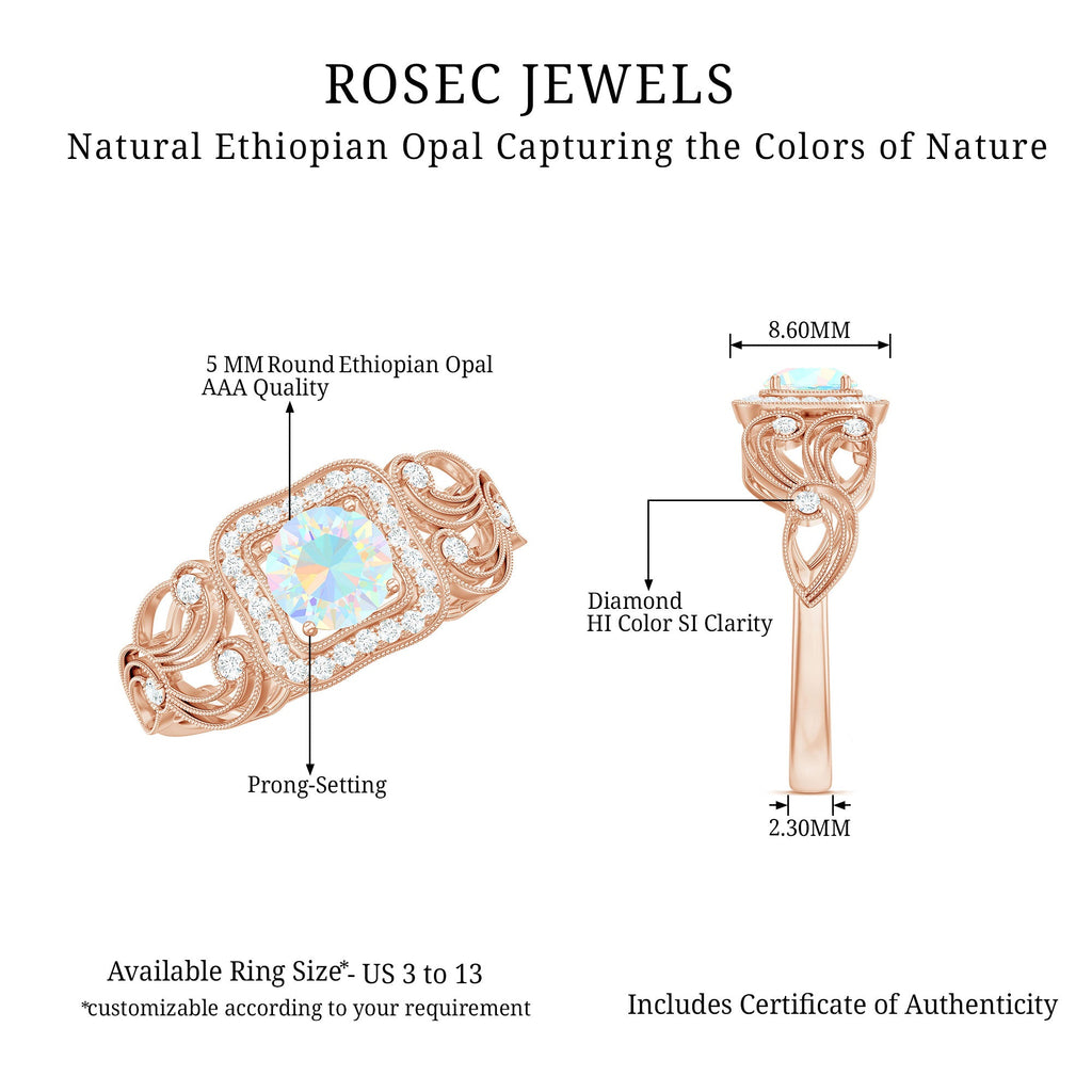 Certified Real Ethiopian Opal Retro Engagement Ring with Diamond
