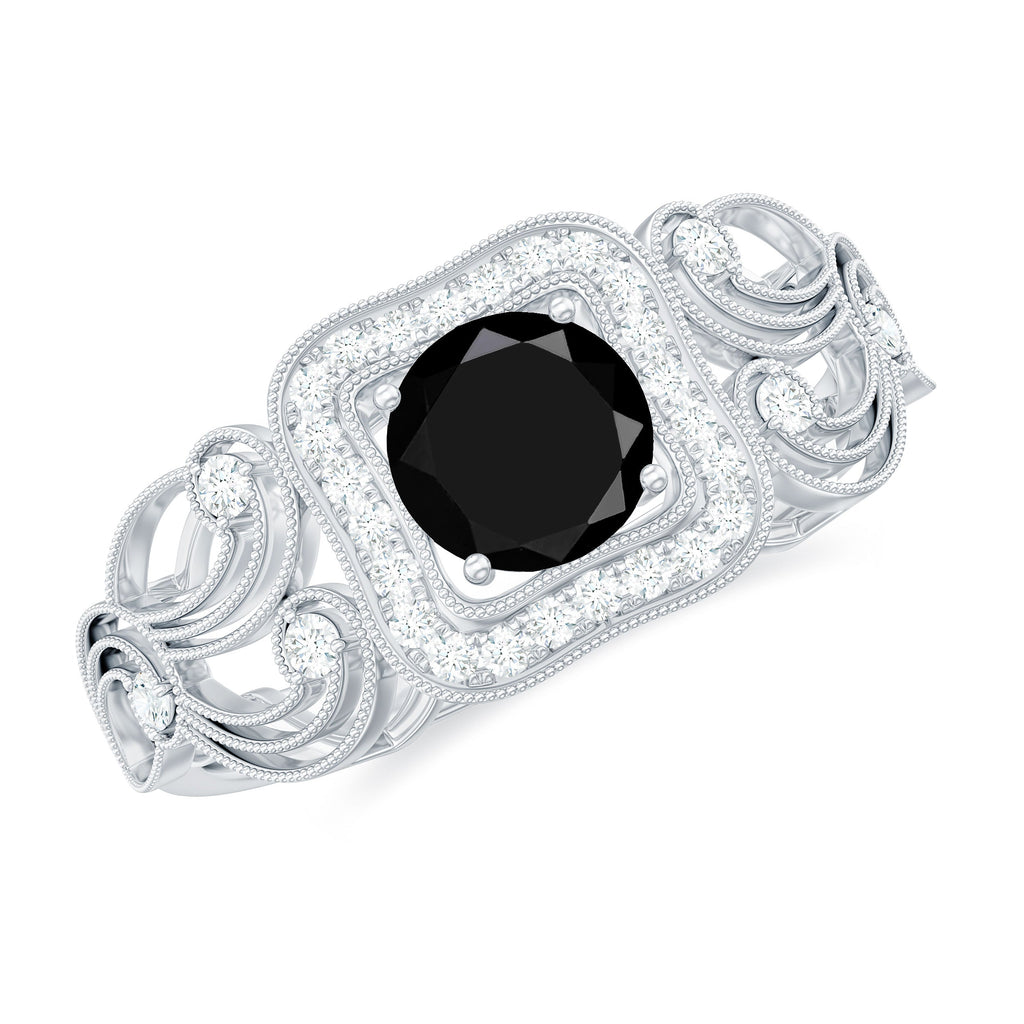Natural Black Spinel Retro Engagement Ring with Diamond