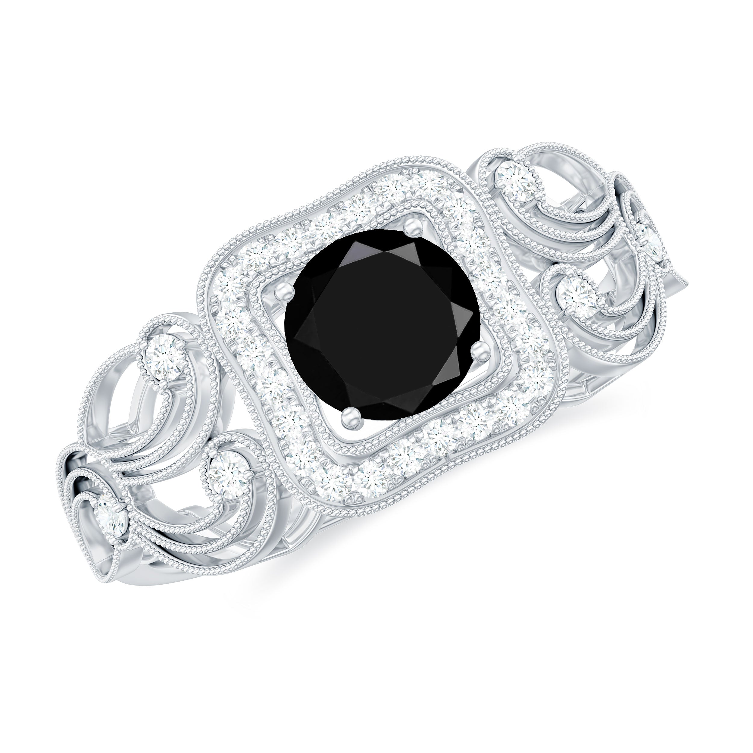 Natural Black Spinel Retro Engagement Ring with Diamond