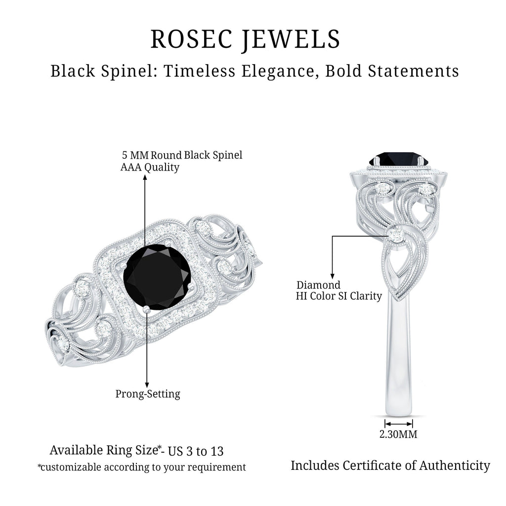 Natural Black Spinel Retro Engagement Ring with Diamond