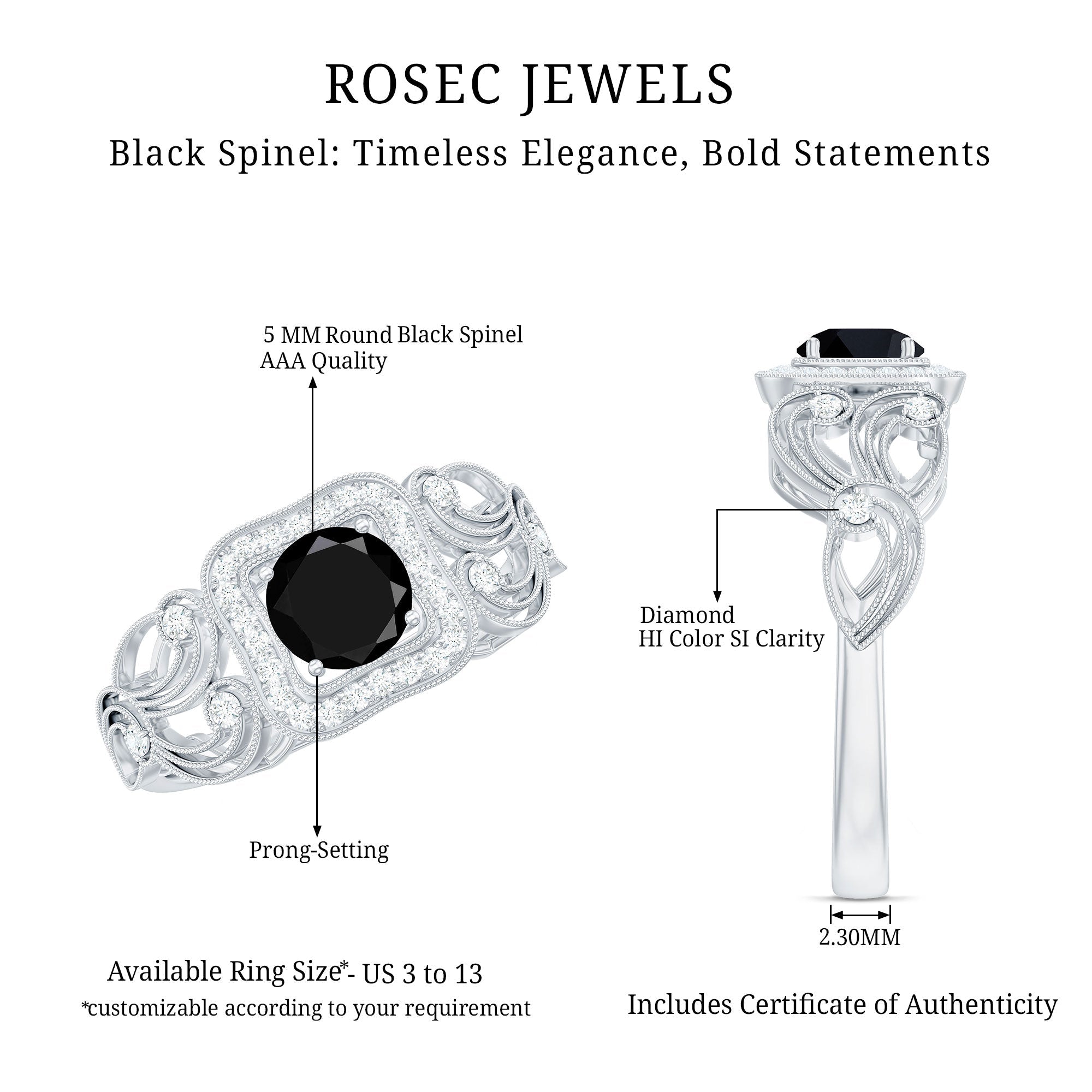 Natural Black Spinel Retro Engagement Ring with Diamond