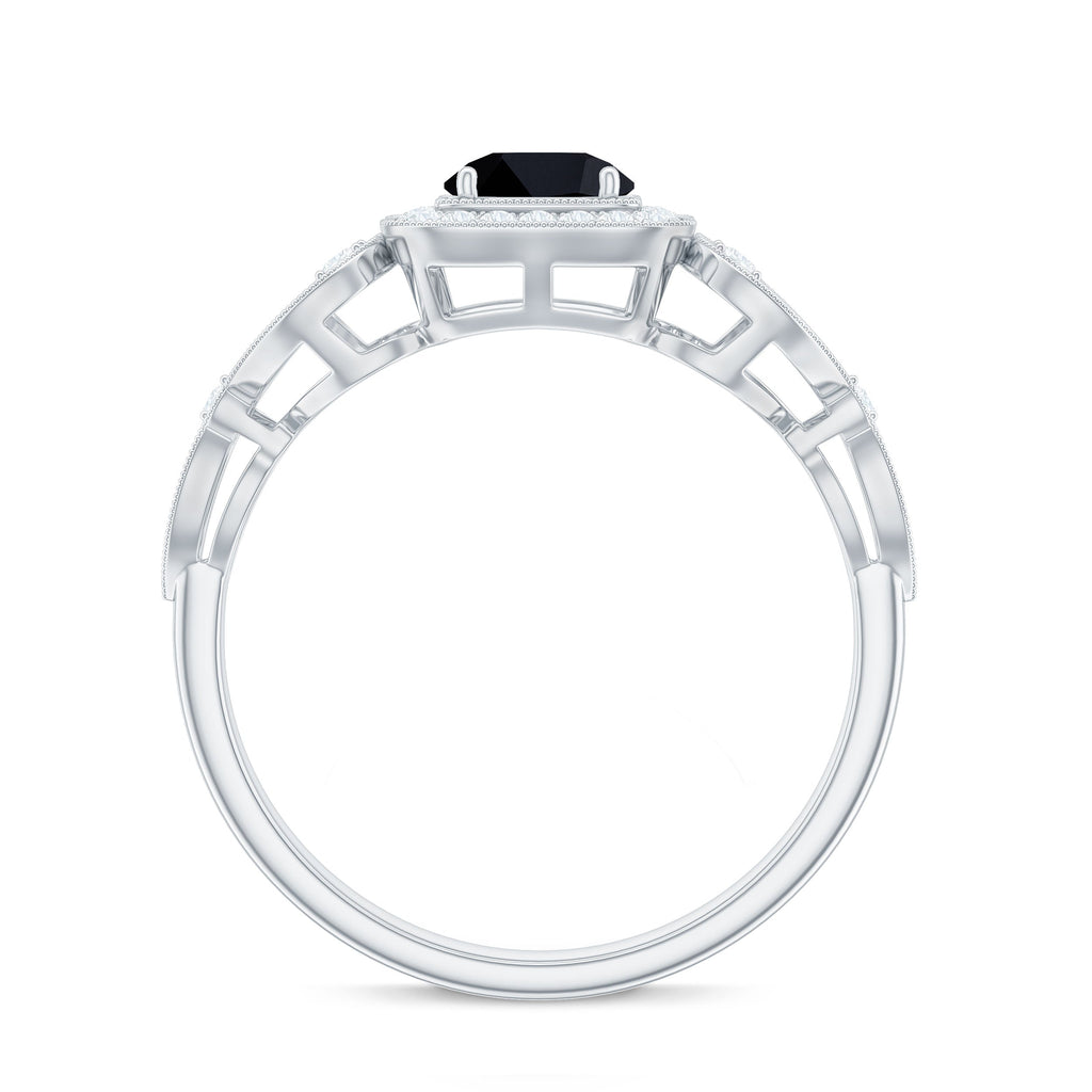 Natural Black Spinel Retro Engagement Ring with Diamond