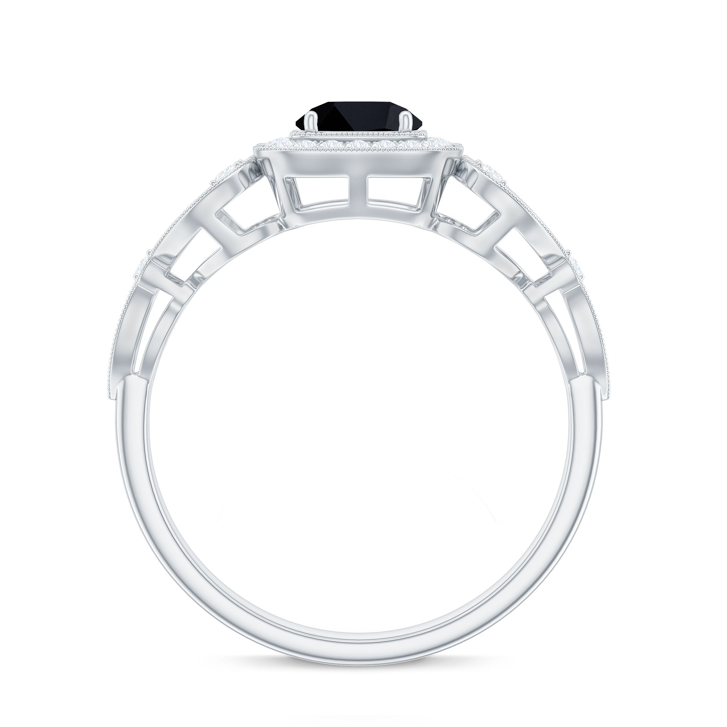 Natural Black Spinel Retro Engagement Ring with Diamond