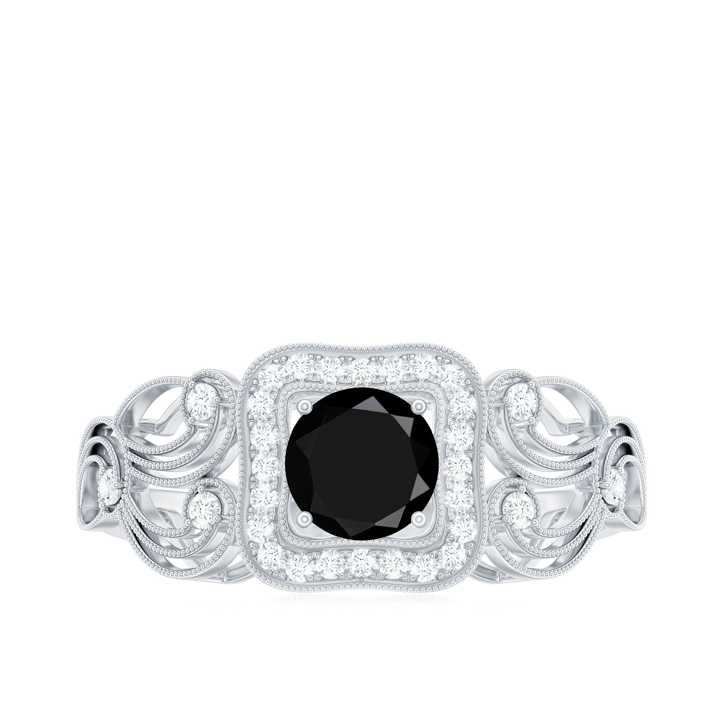 Natural Black Spinel Retro Engagement Ring with Diamond