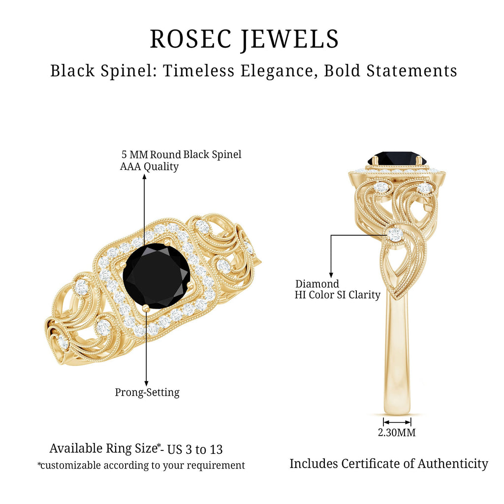 Natural Black Spinel Retro Engagement Ring with Diamond