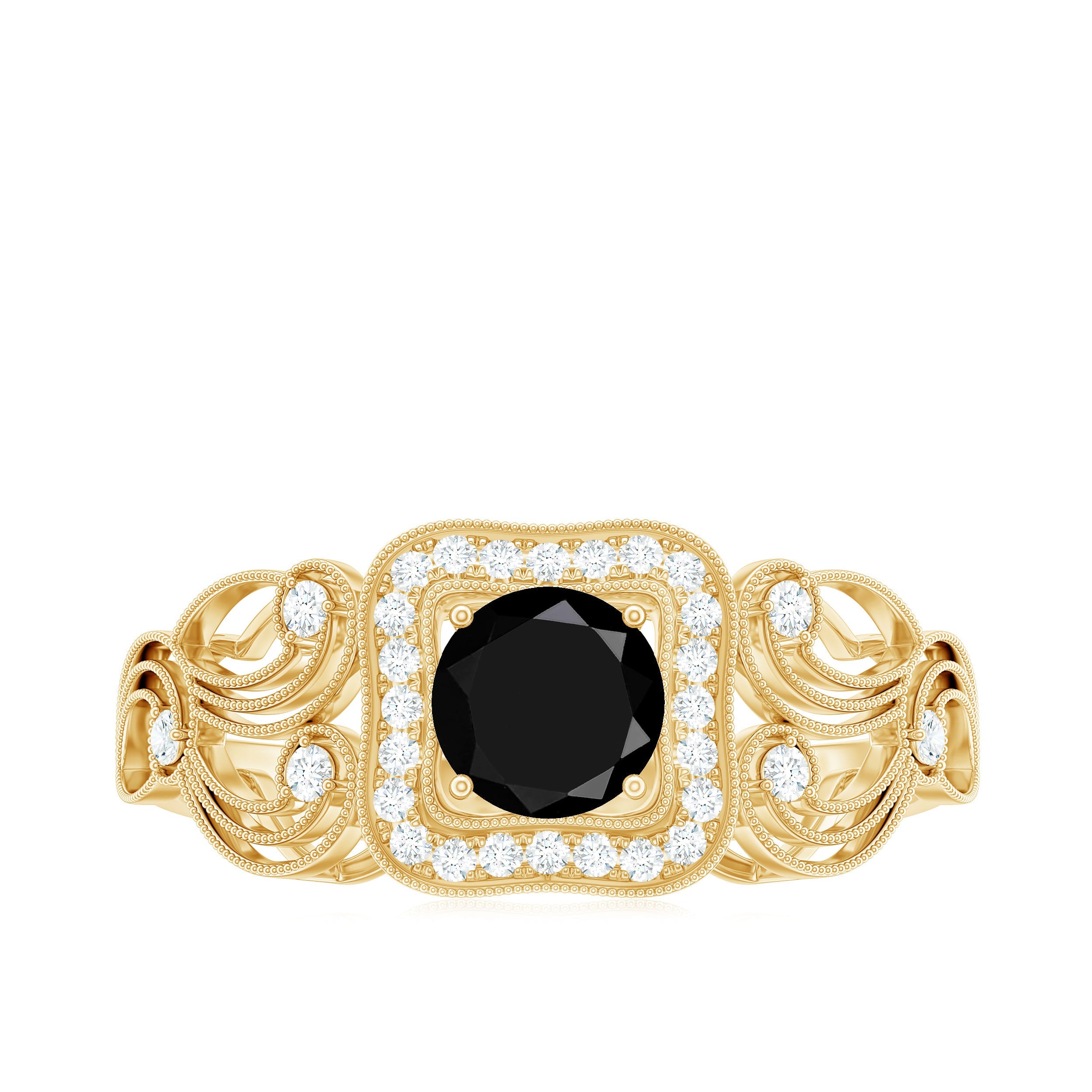 Natural Black Spinel Retro Engagement Ring with Diamond