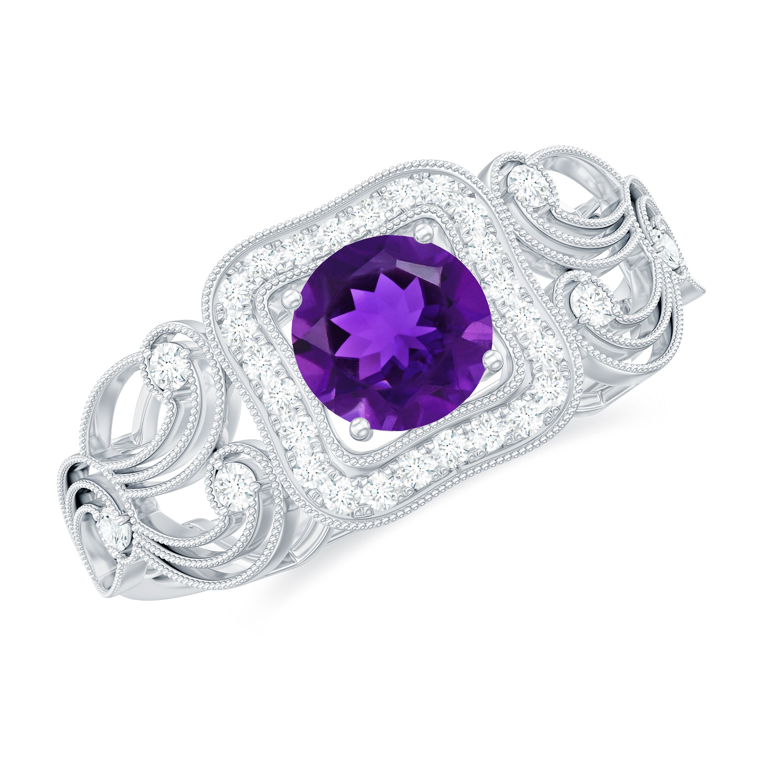3/4 CT Amethyst and Diamond Art Deco Engagement Ring with Milgrain Details