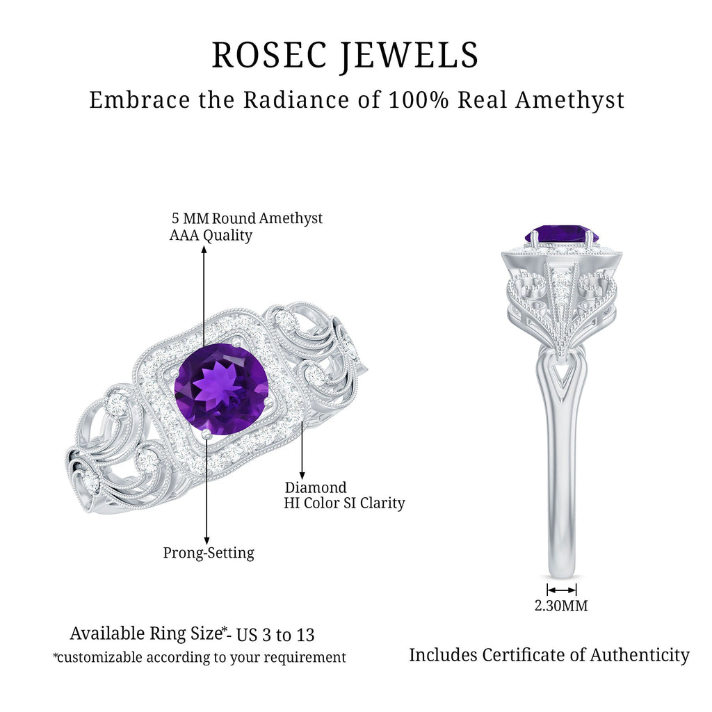 3/4 CT Amethyst and Diamond Art Deco Engagement Ring with Milgrain Details