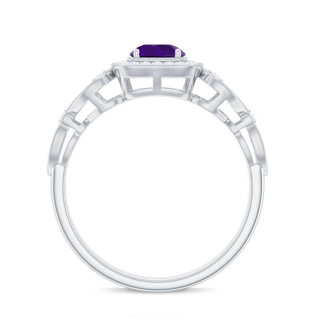 3/4 CT Amethyst and Diamond Art Deco Engagement Ring with Milgrain Details