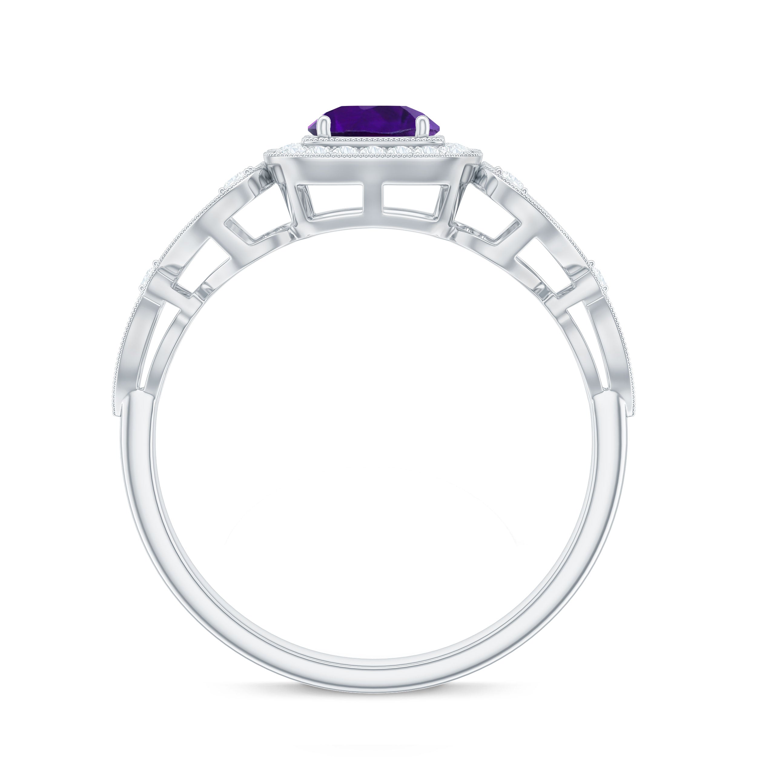 3/4 CT Amethyst and Diamond Art Deco Engagement Ring with Milgrain Details