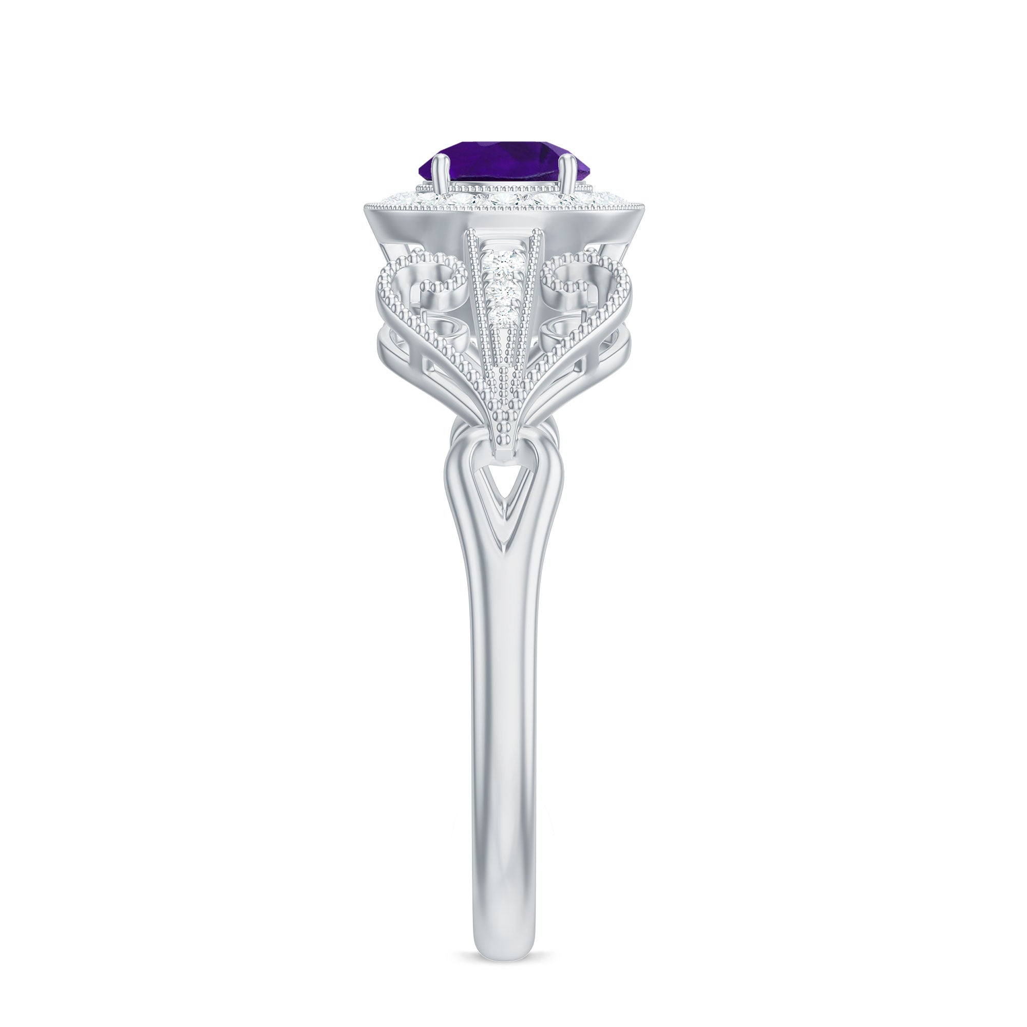 3/4 CT Amethyst and Diamond Art Deco Engagement Ring with Milgrain Details
