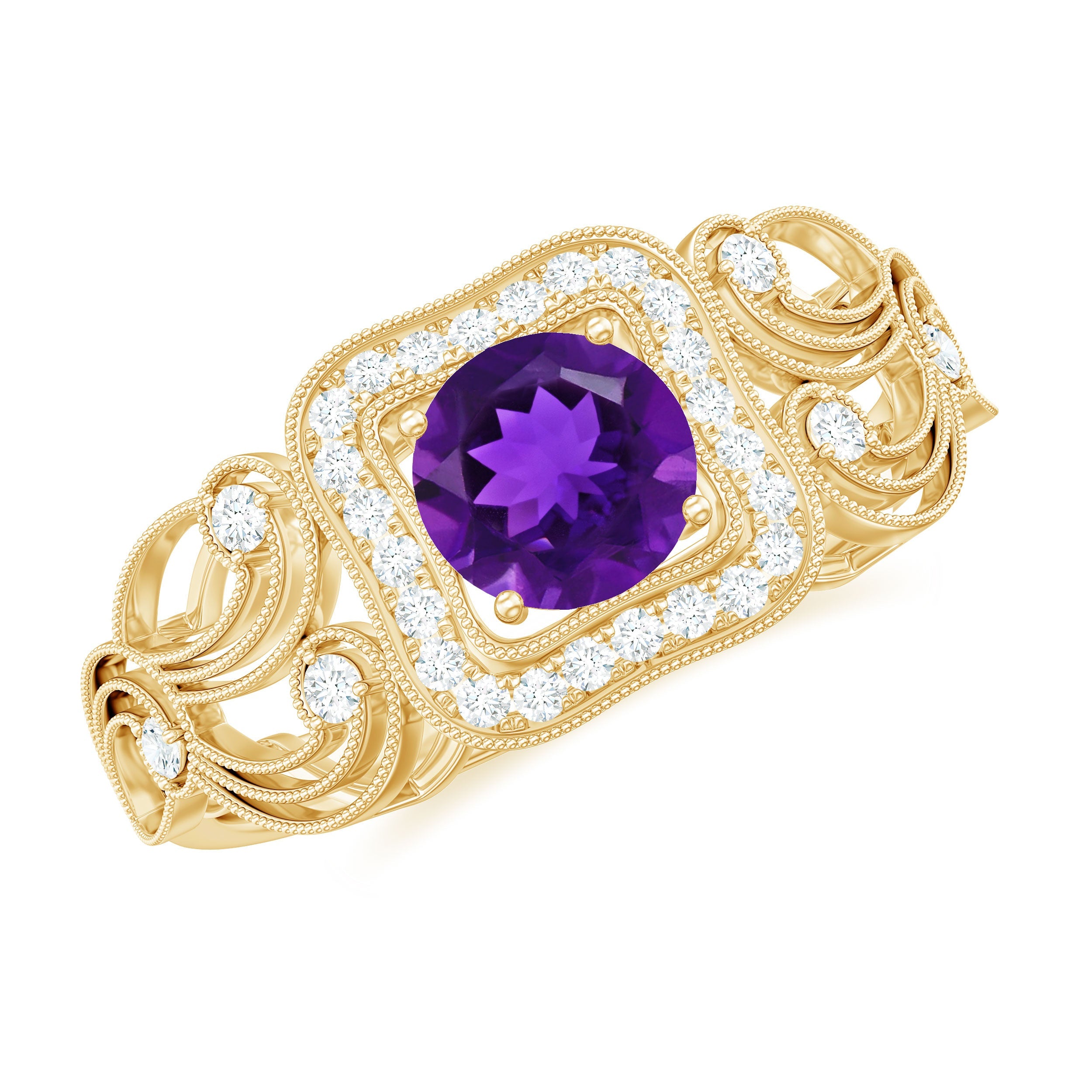 3/4 CT Amethyst and Diamond Art Deco Engagement Ring with Milgrain Details