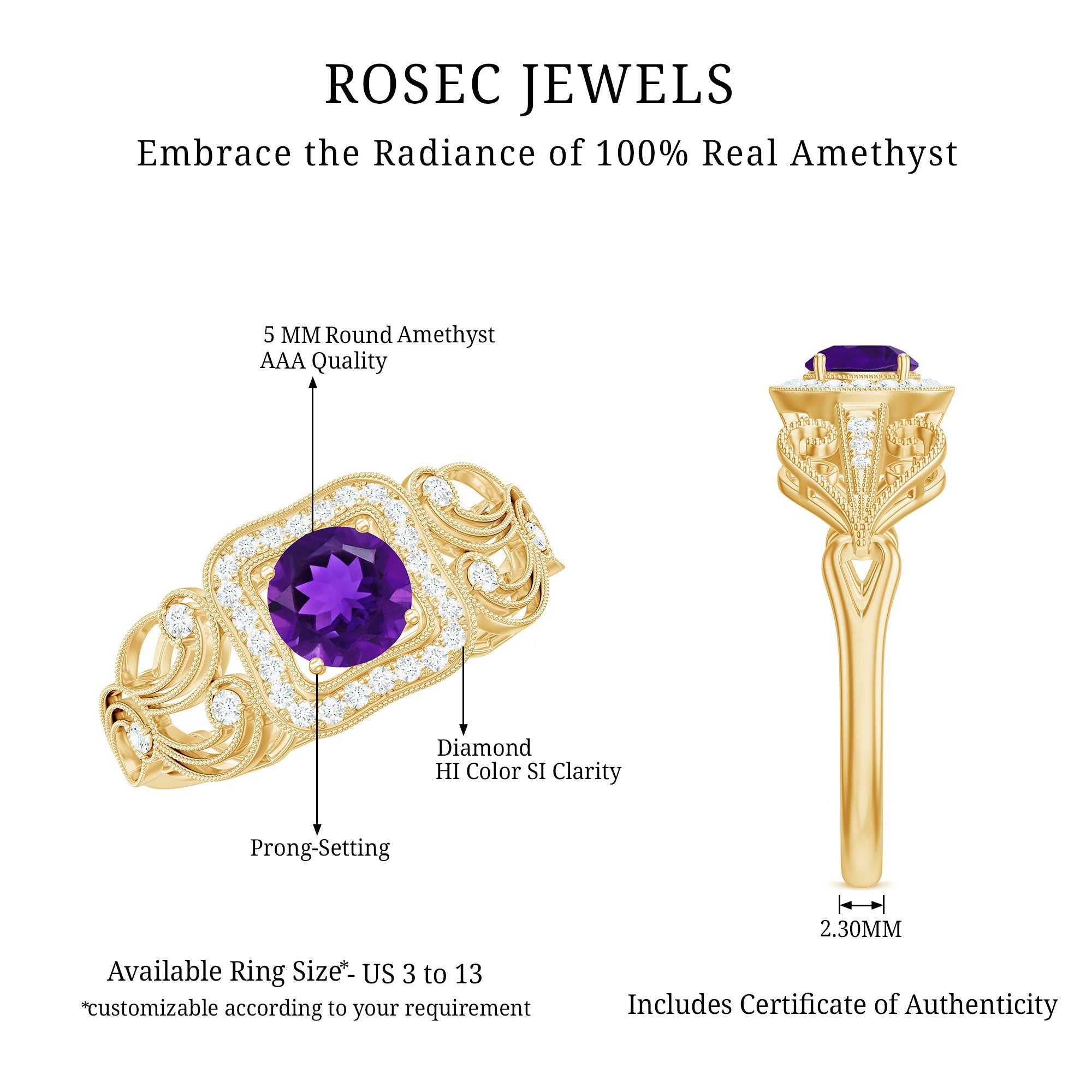 3/4 CT Amethyst and Diamond Art Deco Engagement Ring with Milgrain Details