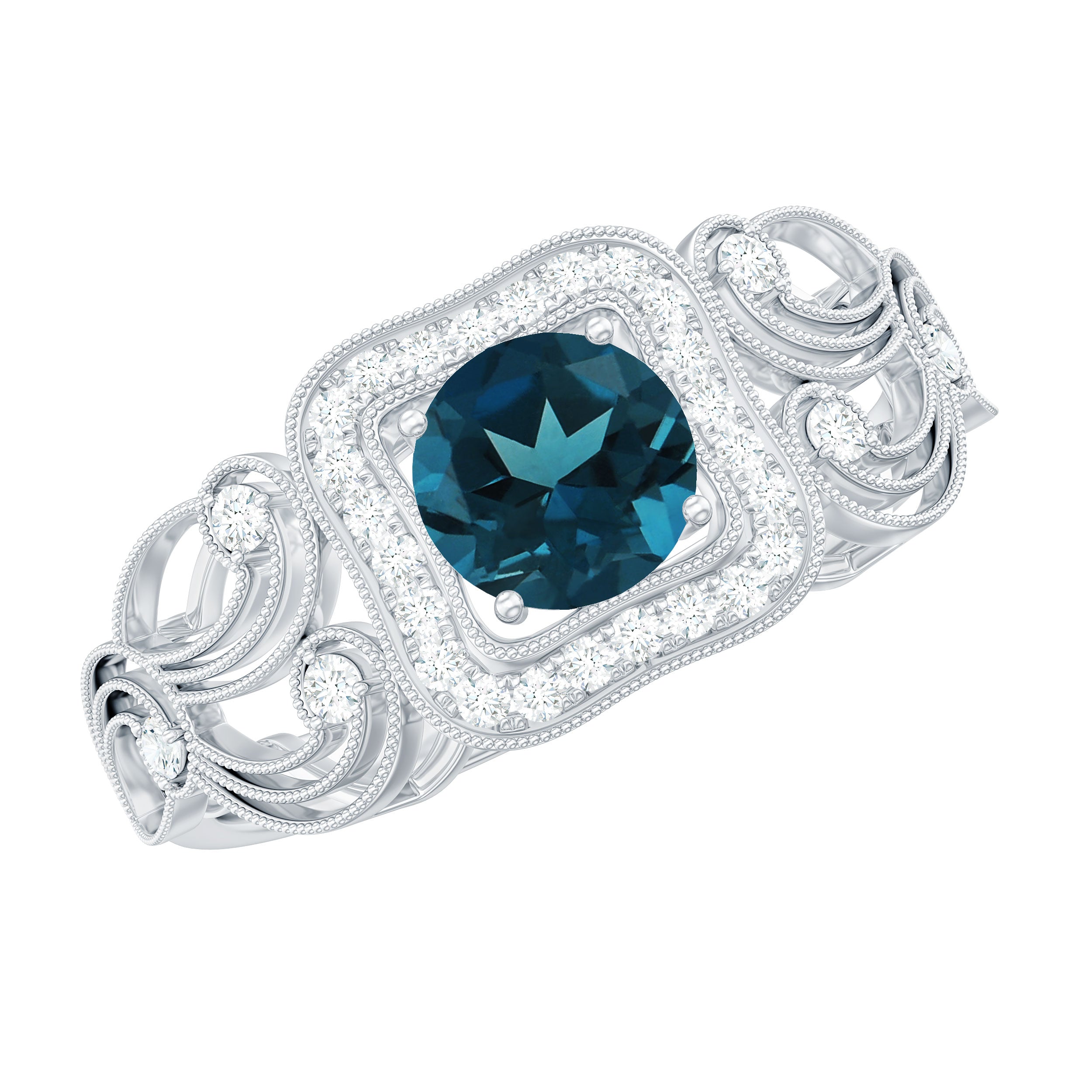 Certified London Blue Topaz Art Deco Engagement Ring with Diamond Halo