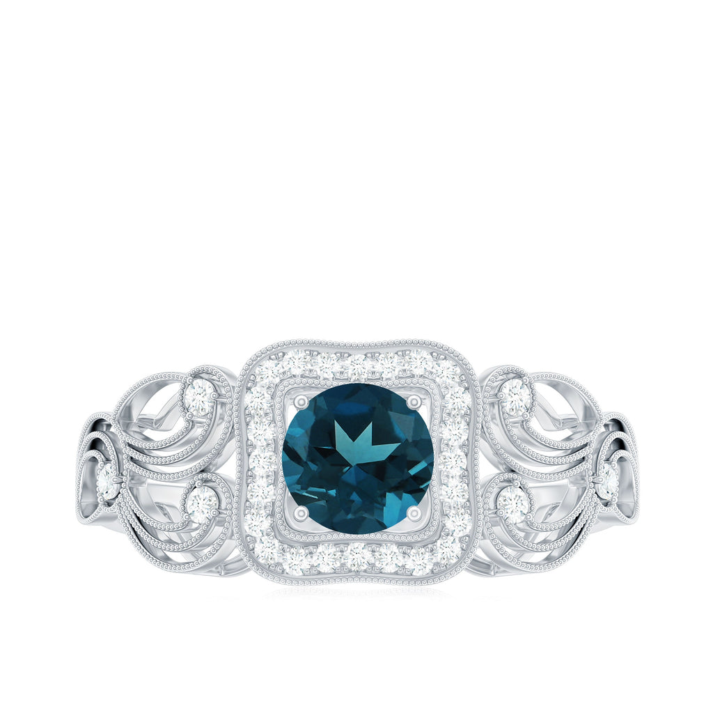 Certified London Blue Topaz Art Deco Engagement Ring with Diamond Halo