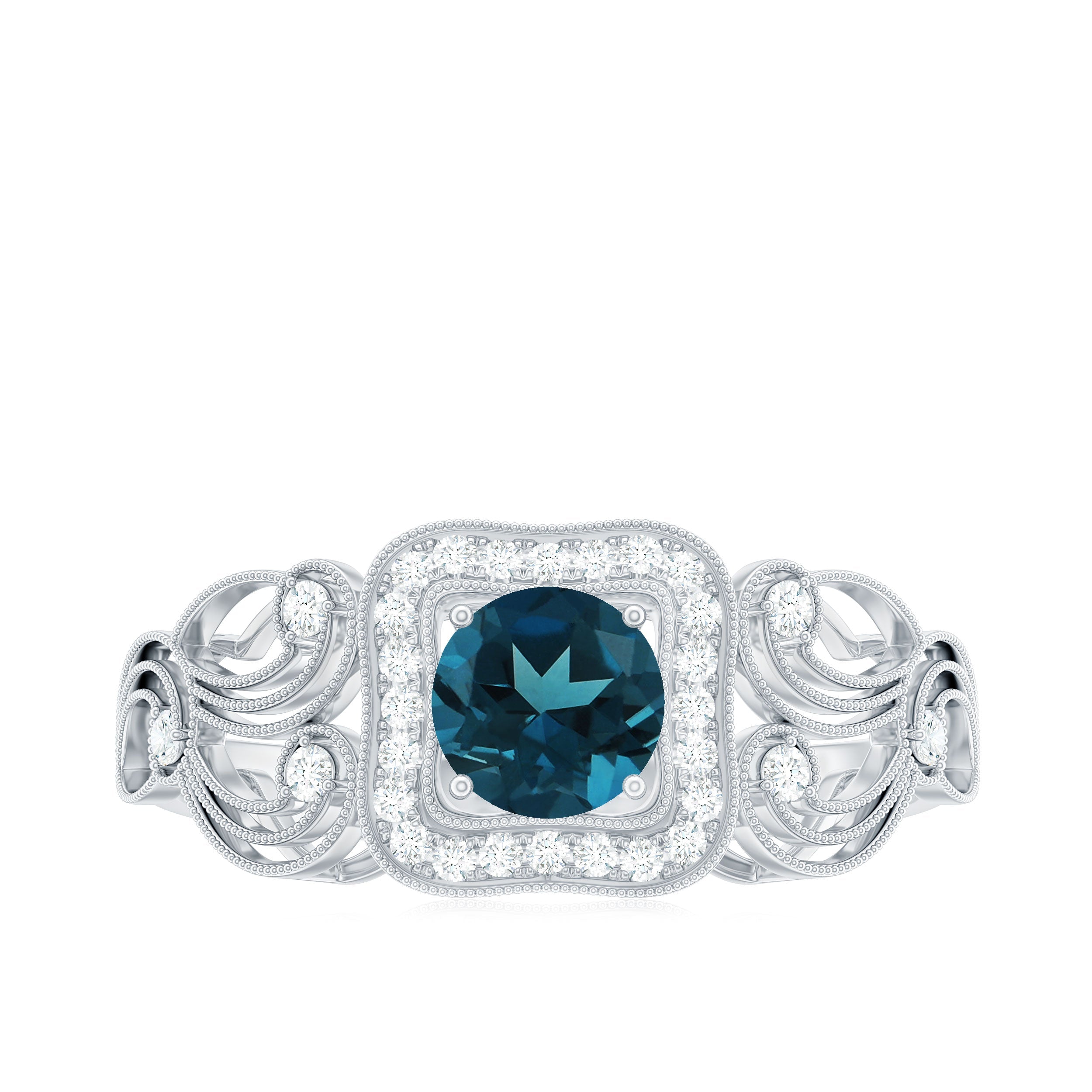 Certified London Blue Topaz Art Deco Engagement Ring with Diamond Halo