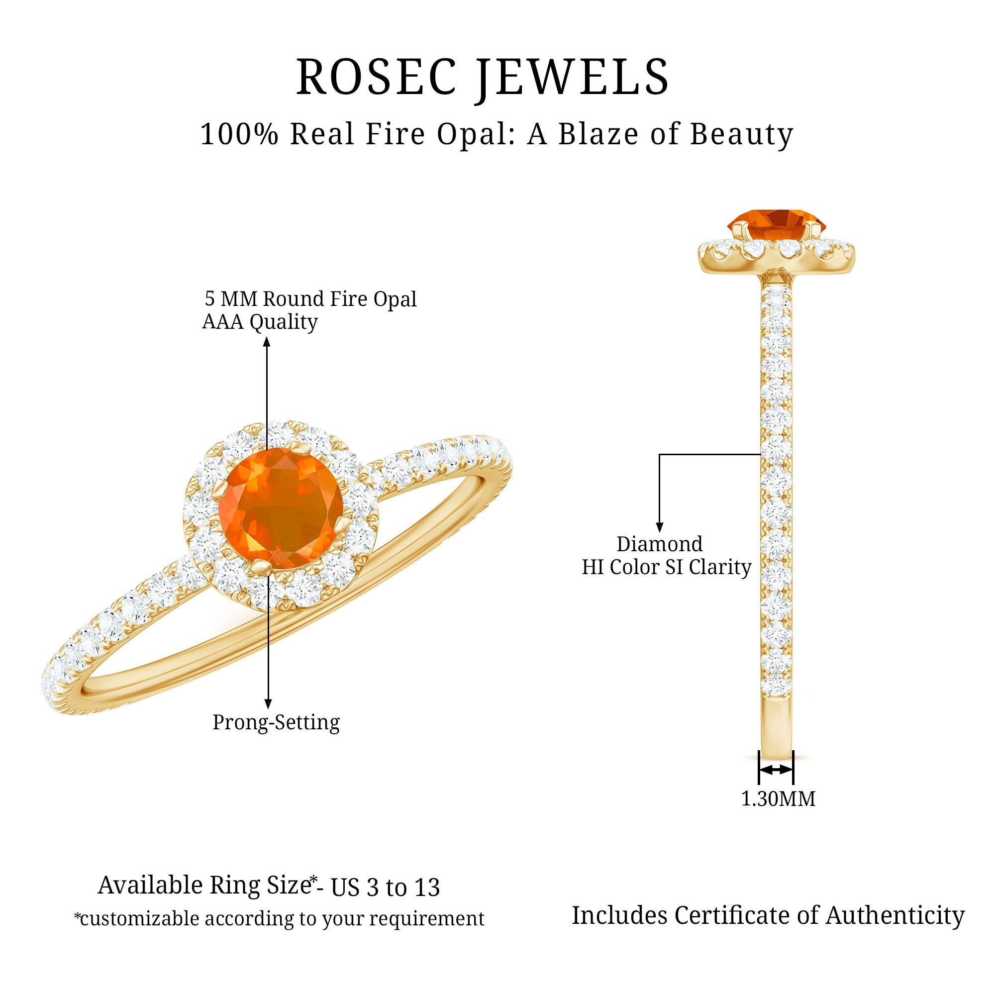Round Fire Opal Minimal Engagement Ring with Diamond