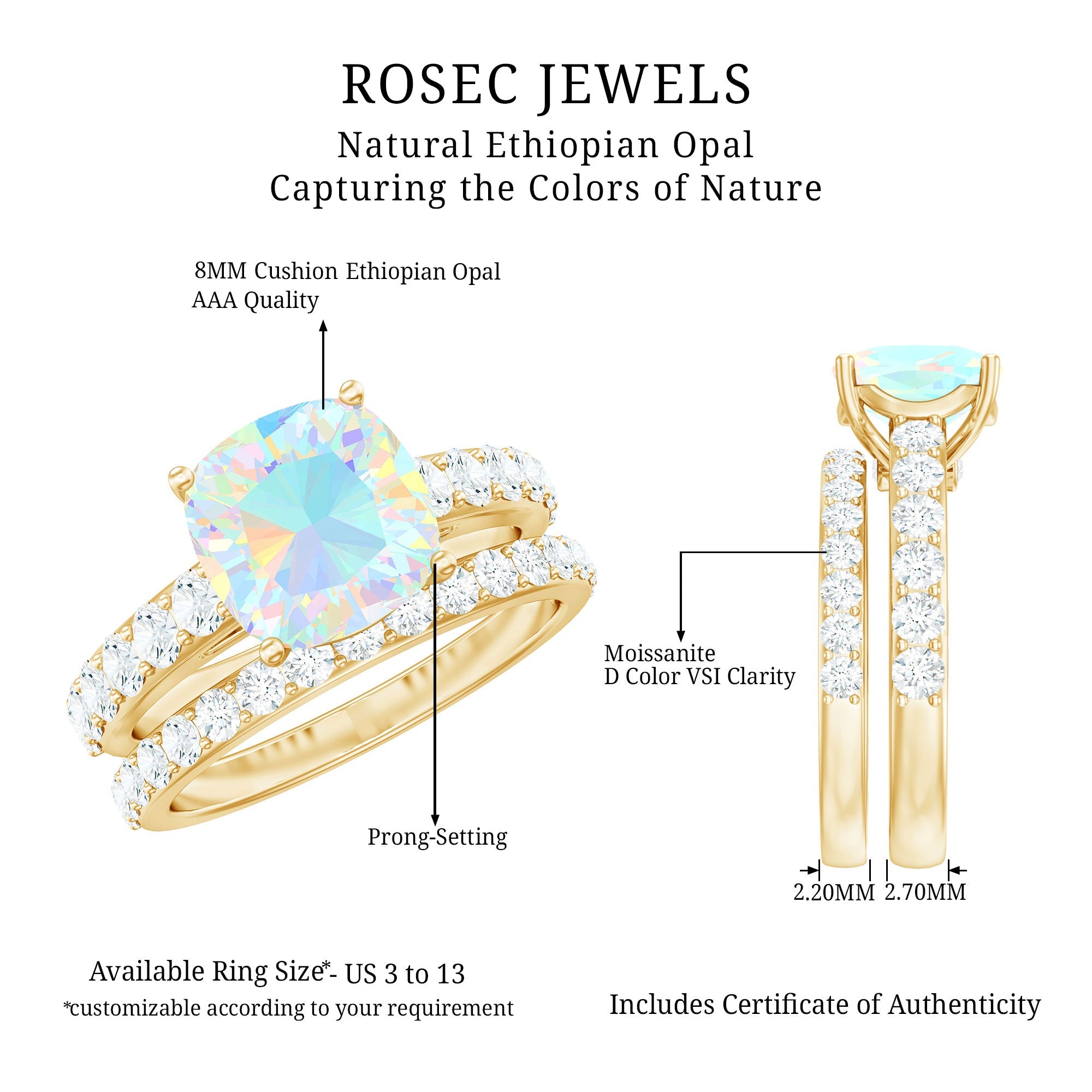 Certified Natural Ethiopian Opal Cushion Cut Engagement Ring with Wedding Band