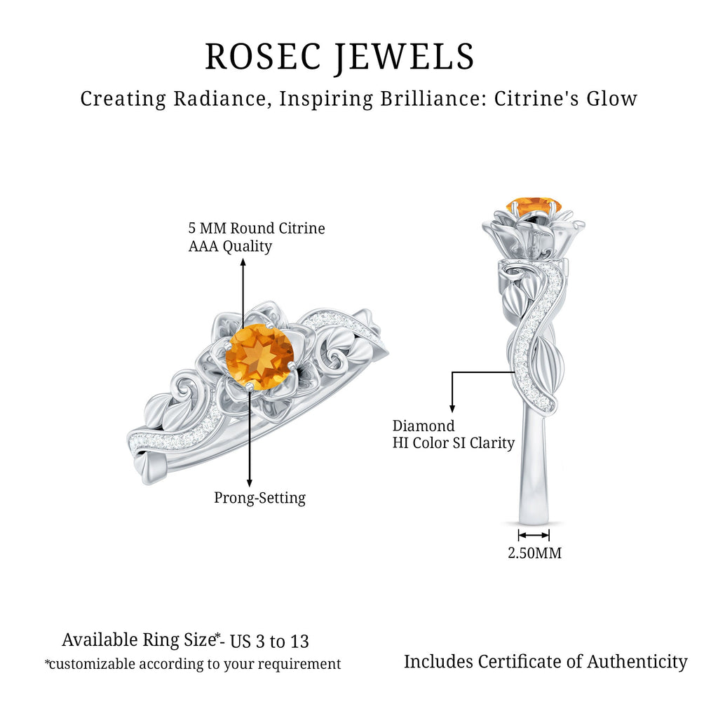 Nature Inspired Citrine Flower Engagement Ring with Diamond