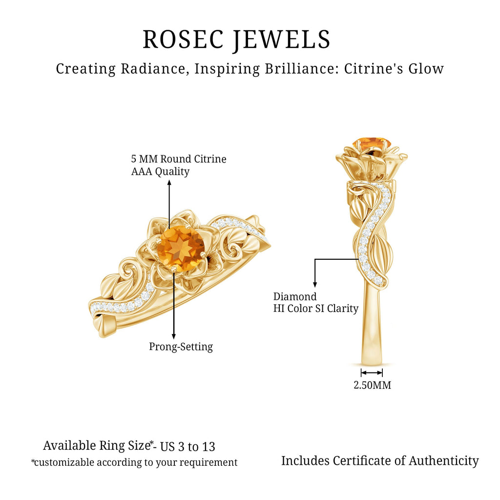 Nature Inspired Citrine Flower Engagement Ring with Diamond