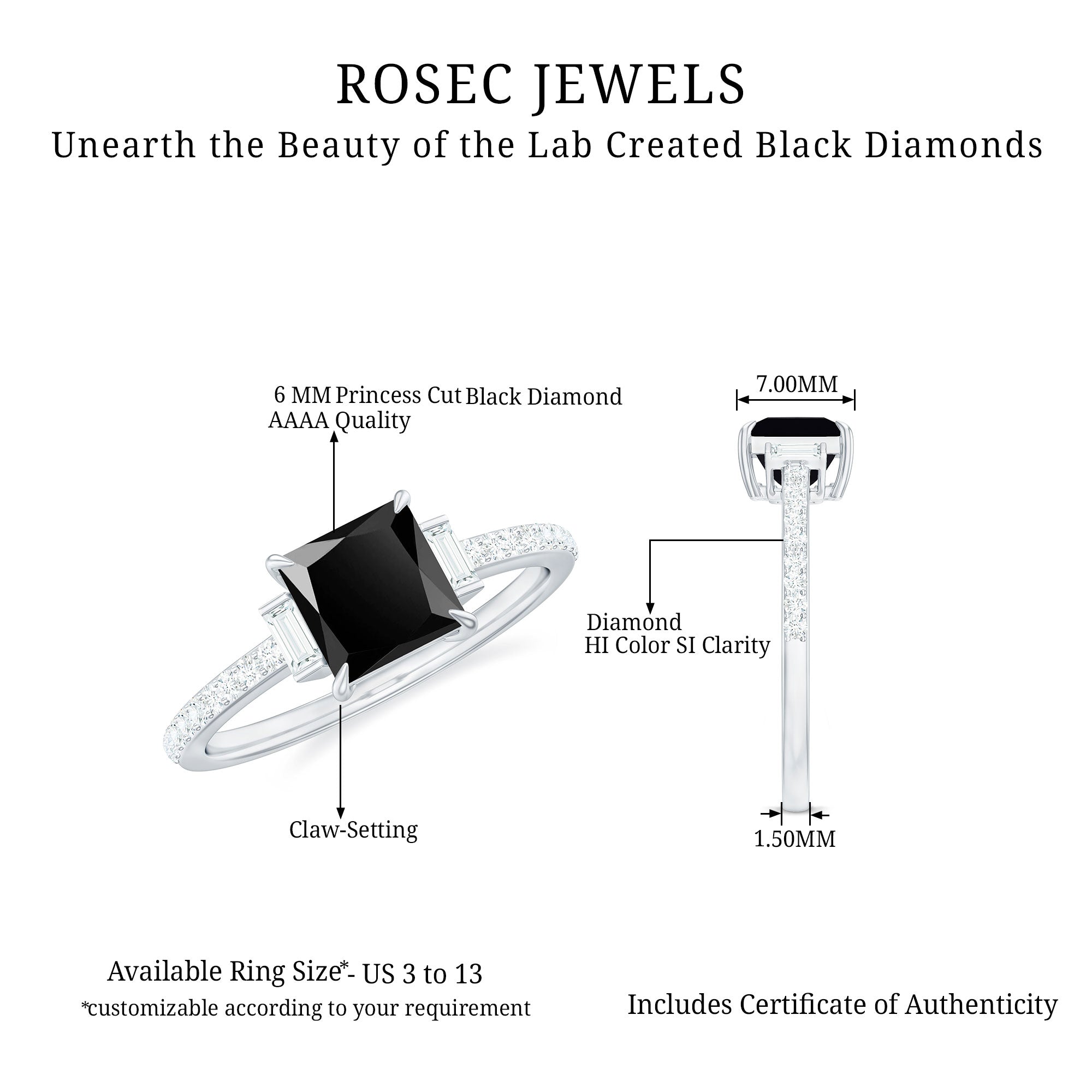 Princess Cut Created Black Diamond Solitaire Ring with Diamond Side Stones