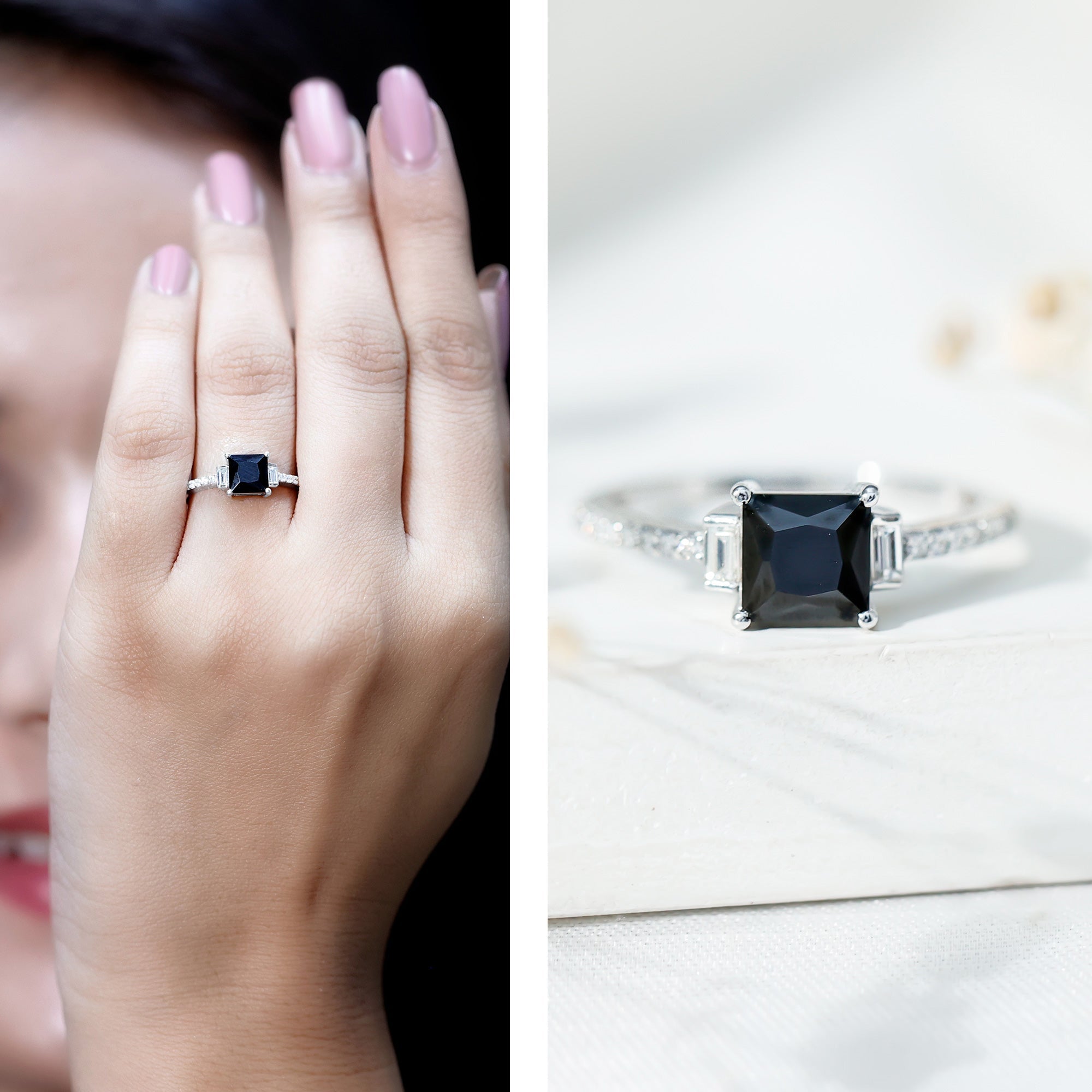 Princess Cut Created Black Diamond Solitaire Ring with Diamond Side Stones
