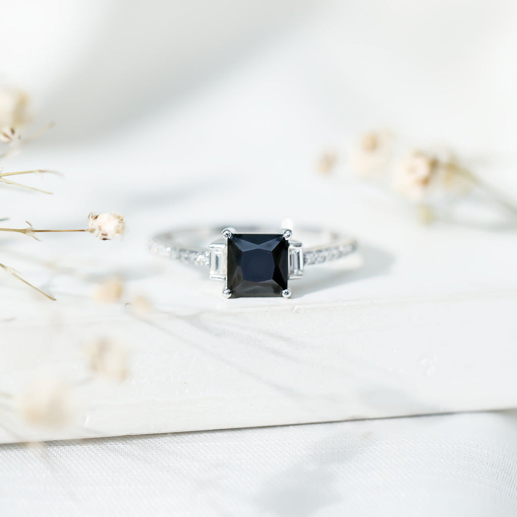 Princess Cut Created Black Diamond Solitaire Ring with Diamond Side Stones