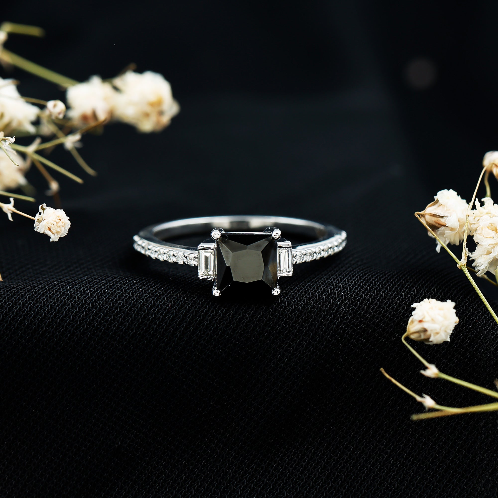 Princess Cut Created Black Diamond Solitaire Ring with Diamond Side Stones