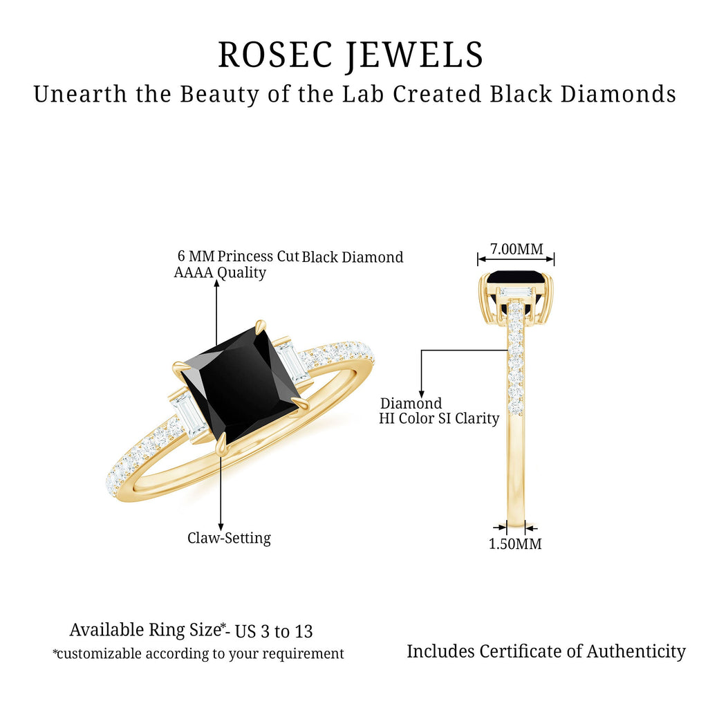 Princess Cut Created Black Diamond Solitaire Ring with Diamond Side Stones