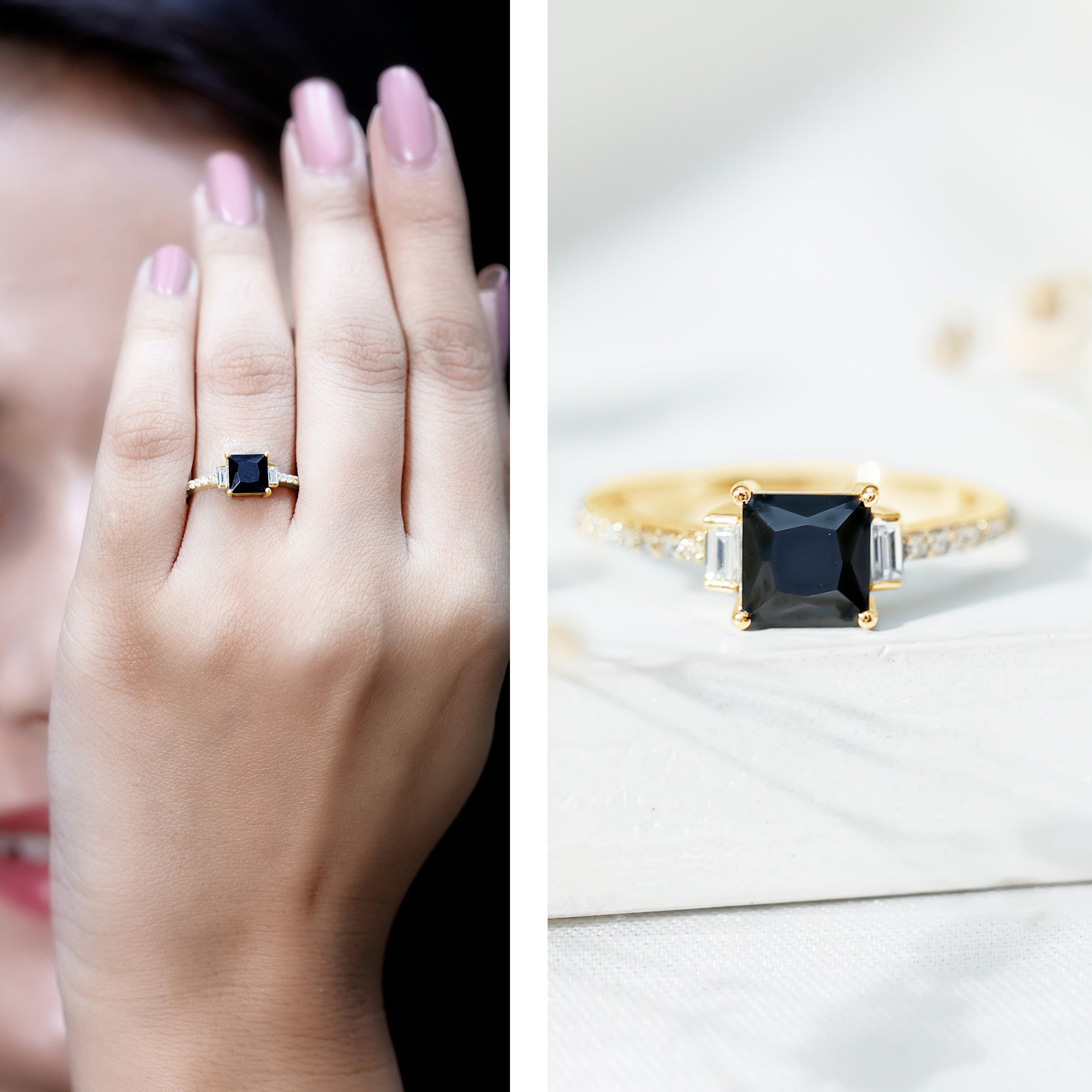 Princess Cut Created Black Diamond Solitaire Ring with Diamond Side Stones