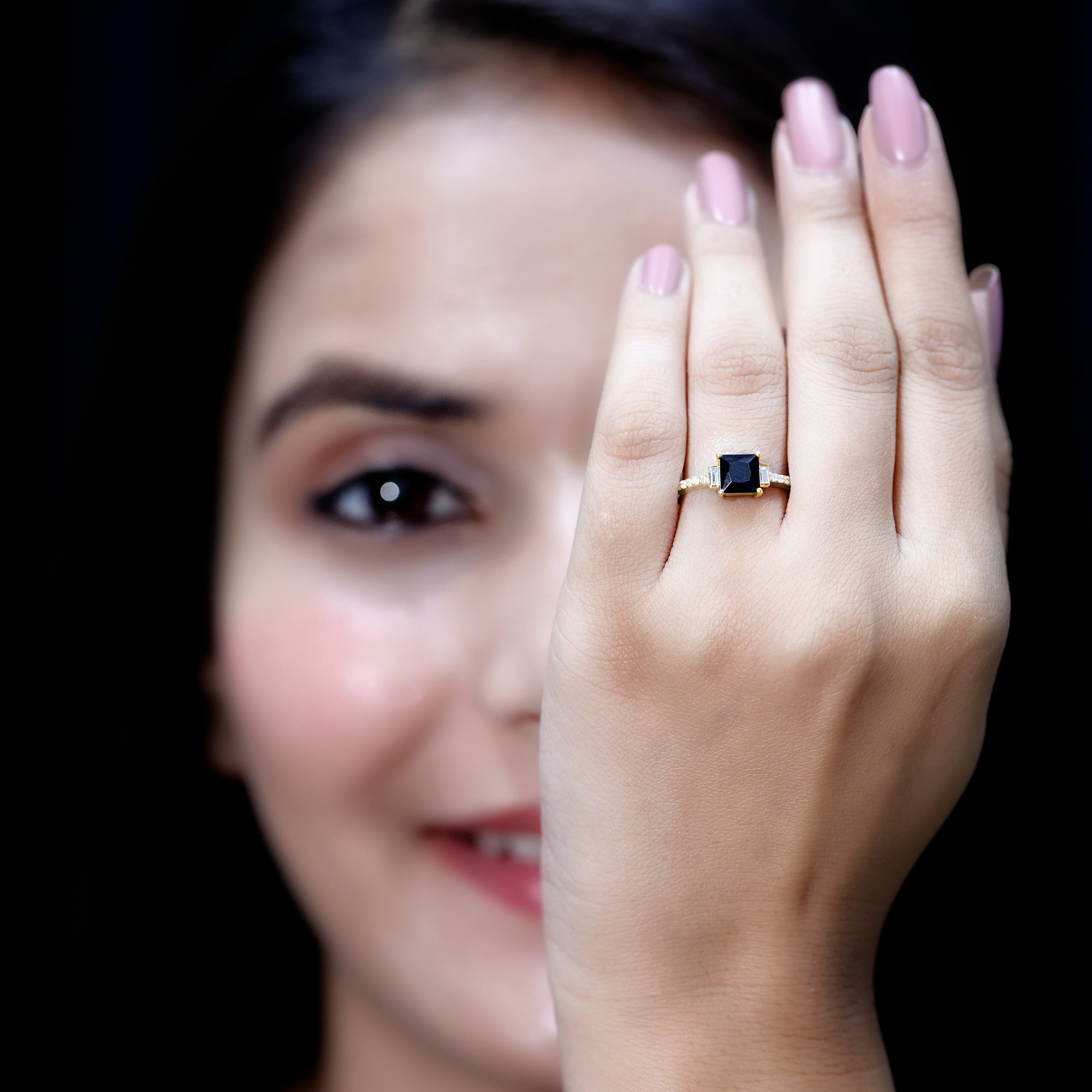 Princess Cut Created Black Diamond Solitaire Ring with Diamond Side Stones